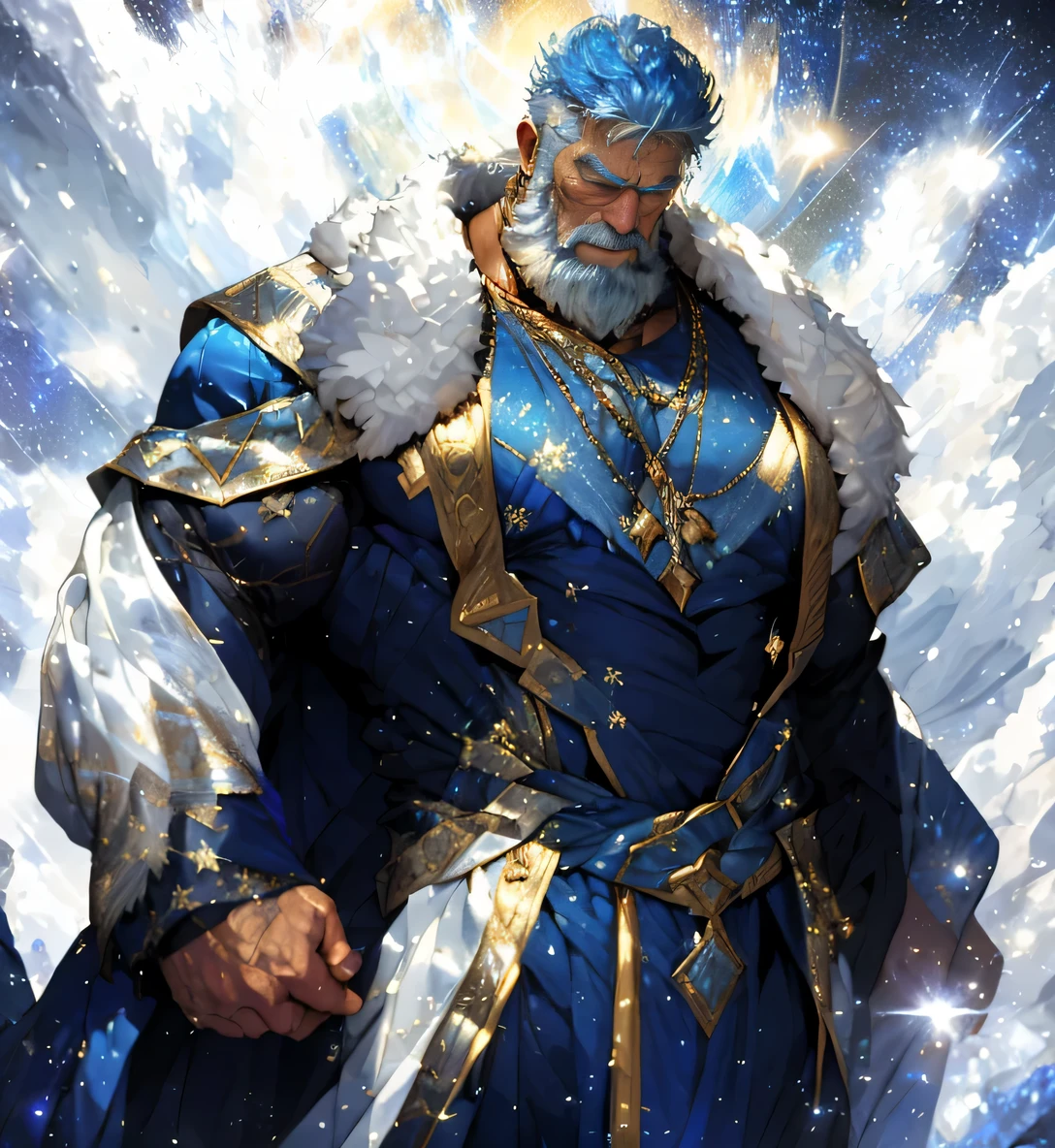 A big one, muscular old man，Sixty-five years old，Gorgeous sapphire blue silk robe，gold trim，He showed off his huge muscular chest，He showed off his great pecs，Energetic，Behind him are the brilliant starry sky and the cold polar regions，He showed off his strong chest muscles，Looking to the future，