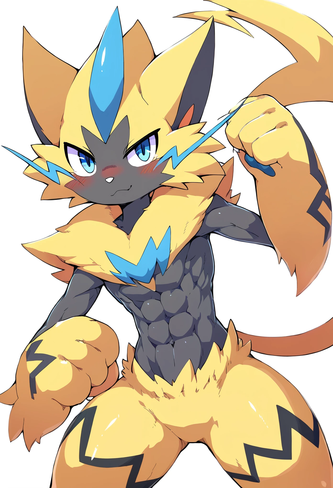 anime style character design of zeraora of the pokemon,paw pose,blush,embrassed,drawn in the style of Akira Toriyama, animated in the style of Toei animation studio,full body,pokemon fanart,slim abs,white backgrounds