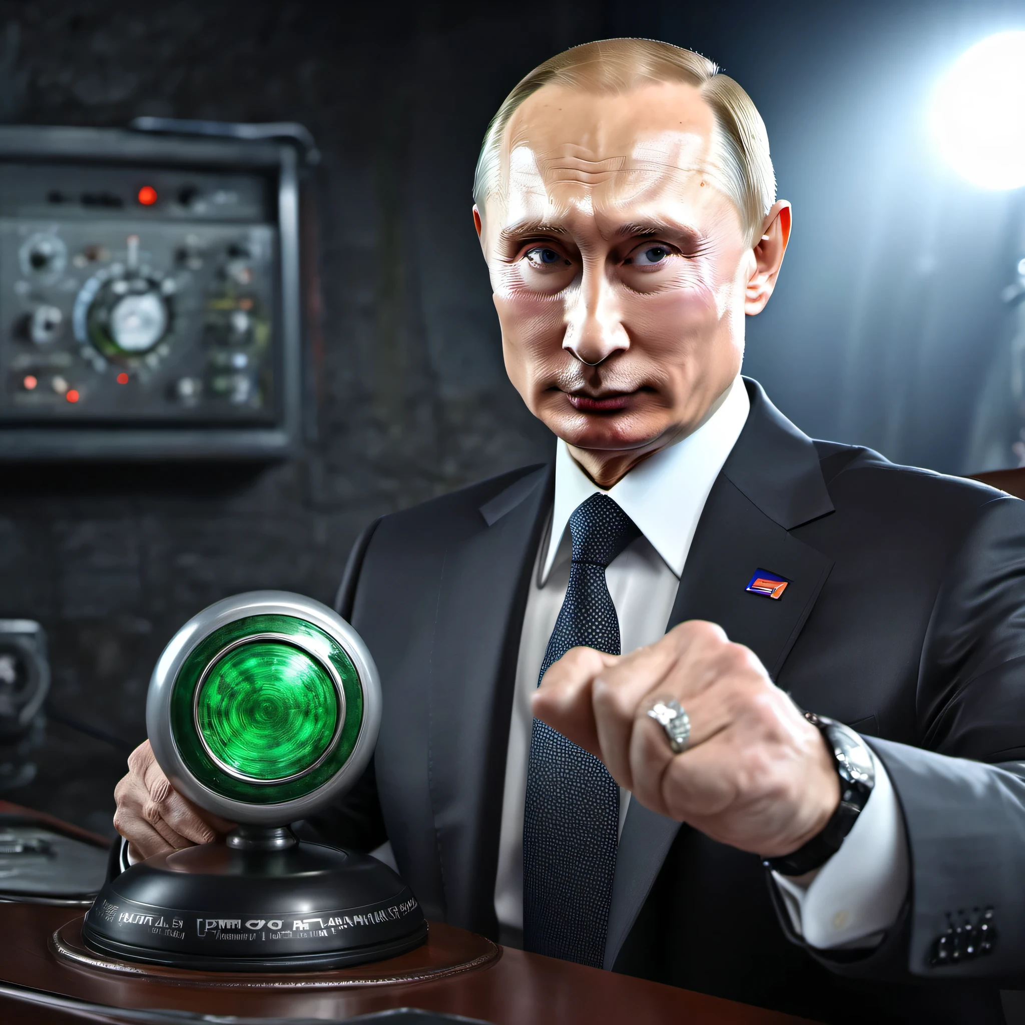 Putin holding the nuclear button. 
,  extreme details, highly detailed,, ,ultra HD,  Very Good quality 
, Photorealistic.   photographic, fine texture, photorealistic,Ultra Realistic, High quality, Highly detailed,majestic, dramatic lighting clear photo raw. aestic