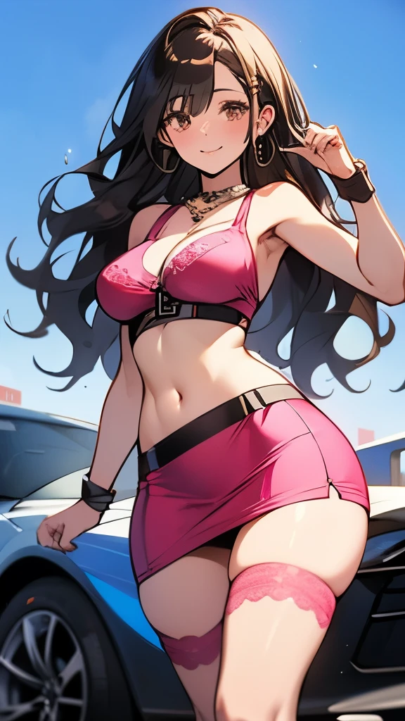 20 year old woman、wet dress、big and full breasts、biomechanics , breast proportions, shy smile、 ニーハイstockings, adult woman, (when it enters the sheath:1.3), long wavy hair、dark brown hair, mini skirt, (shiny skin), brown eyes, Kamimei、long wavy hair、swelling、stockings、Upskirt、plump hips、Larger earrings、necklace、 (stand in a motorsport race)+, sexy hips、Kamimei、chest opening、chest emphasis pose、pink panties、pink lace bra