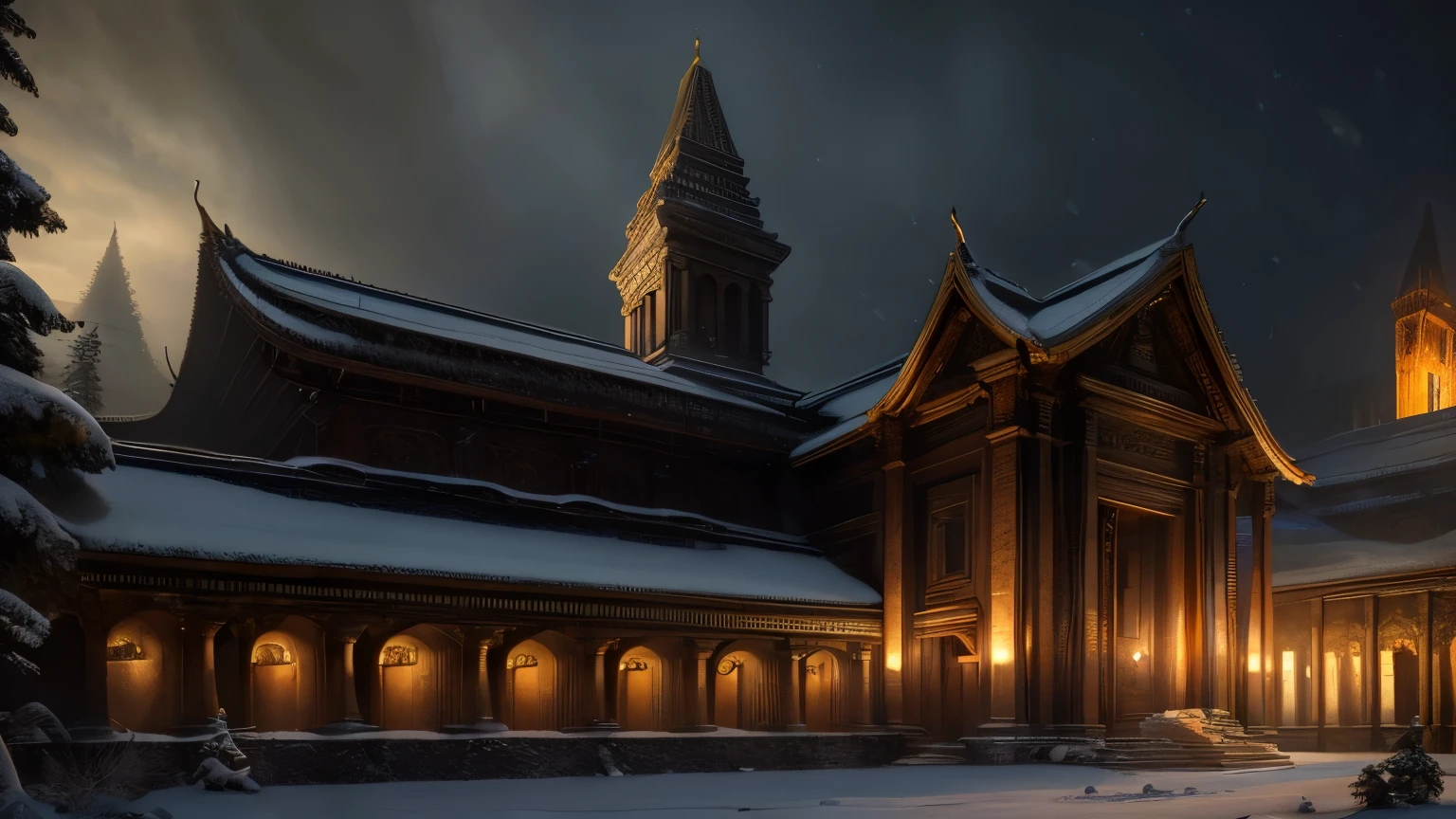 renaissance style, UHD, perfect composition, ((Extremely realistic)) ((Extremely detailed)) ((anatomically correct)) low angle shot of a massive wide temple between a mountain pass, snowy background, foggy, horror themed, greg rutkowski, Robert Oxley, concept art, vfx, intricate, high detail, 8k resolution, hyperrealistic, chiaroscuro, full body shot, complex, textured, trending on /r/art, anatomically correct, octane render, fantasy, medieval, very beautiful, atmospheric perspective, hard lighting, epic, powerful, rule of thirds, -ar 16:9, -stylize 60000, -quality 5