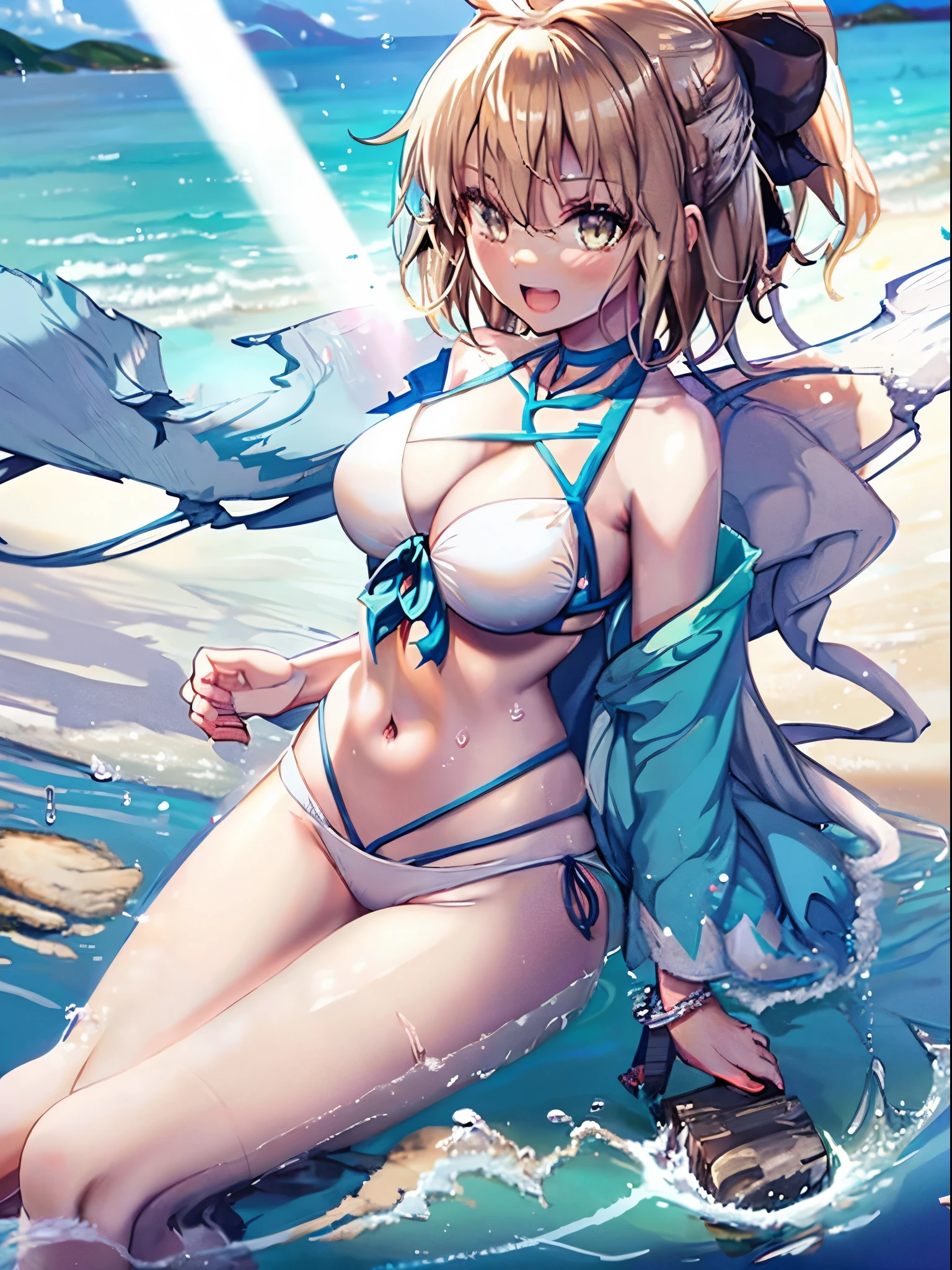 masterpiece,(ultra-detailed),1girl, okita_souji \(fate\), half_eyes,smile,open mouth, swimsuit, white bikini, side-tie bikini bottom, shrug \(clothing\), jacket,  thigh strap, wristband,  large_breasts, ocean, splashing,blonde_ponytail,open_legs,cap,happiness,
