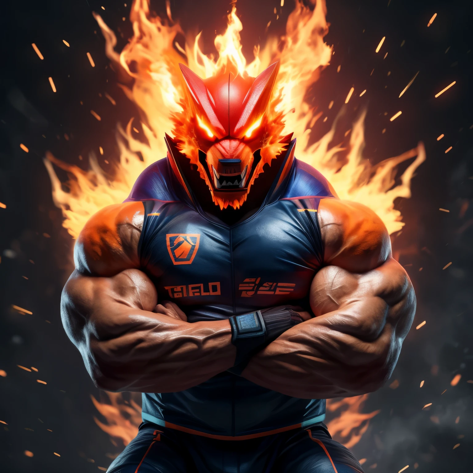 Create a logo for TEST FIRE ESports in highest quality and trending on ArtStation. A muscular, anthropomorphic fire elemental stands boldly in a dynamic idle pose, arms crossed, demonstrating intricate muscle detail and a delicate yet expressive face. The fire elemental wears sporty gear, including a fitted jersey with the TEST FIRE ESports logo emblazoned on the chest. The logo is a sleek, stylized flame design, with sharp edges and a bright, vibrant color palette that evokes a sense of intensity and excitement. The background is a blur of abstract, energetic lines and particles, conveying the fast-paced nature of the esports world. The