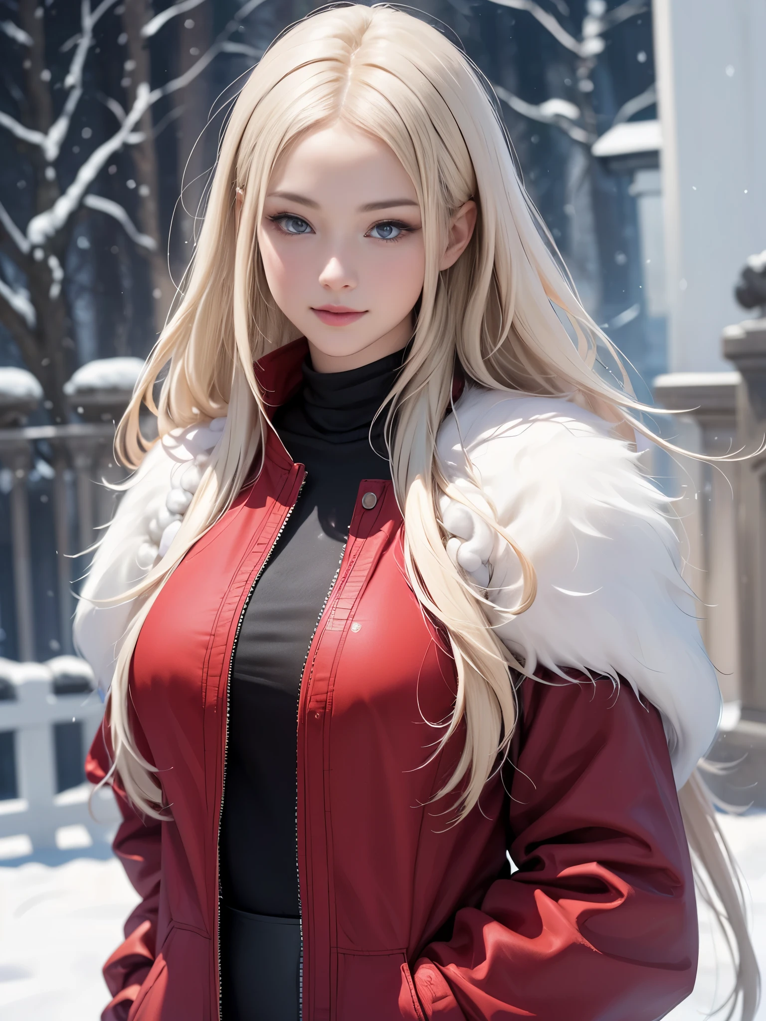 (highest quality, 8k, High resolution, realistic:2.0), (((alone, one girl:2.0))),(lit: front),(lit: strong),(ultimate beautiful girl:2.0),(shiny skin),(oily skin),(platinum blonde hair:1.3),(straight long hair:2.0),blush brown makeup , dark eye makeup , use pink glossy lipstick,(girl with big beady eyes:1.5),((round face, smile, big breasts,big ass))、flushed complexion、((upper body portrait)) 、((snowy winter outdoors))、(anatomically correct)、(perfect body proportions)、 ((perfect hands))、 (((perfect fingers)))、(oily skin:1.5)、