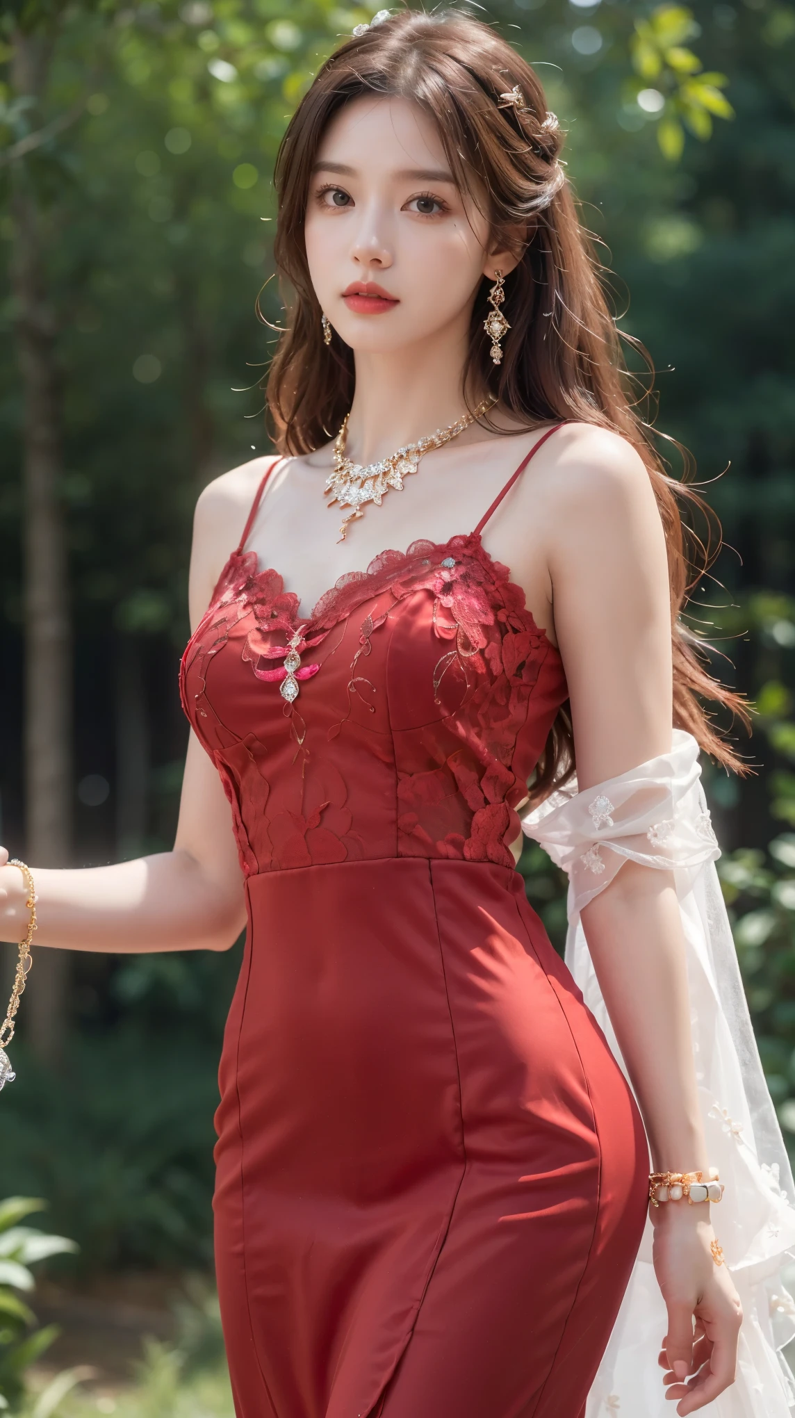 8k, masterpiece, 1 girl, beautiful face, white skin, very long hair, light makeup, detailed eyes, detailed lips, small breasts tight, realistic detailed, very detailed dress, princess dress, (red dress:1.2), (wearing jewellery:1.5), (lace:1.4), at the stage background, attractive poses,forest background, green background, Half body shot, 