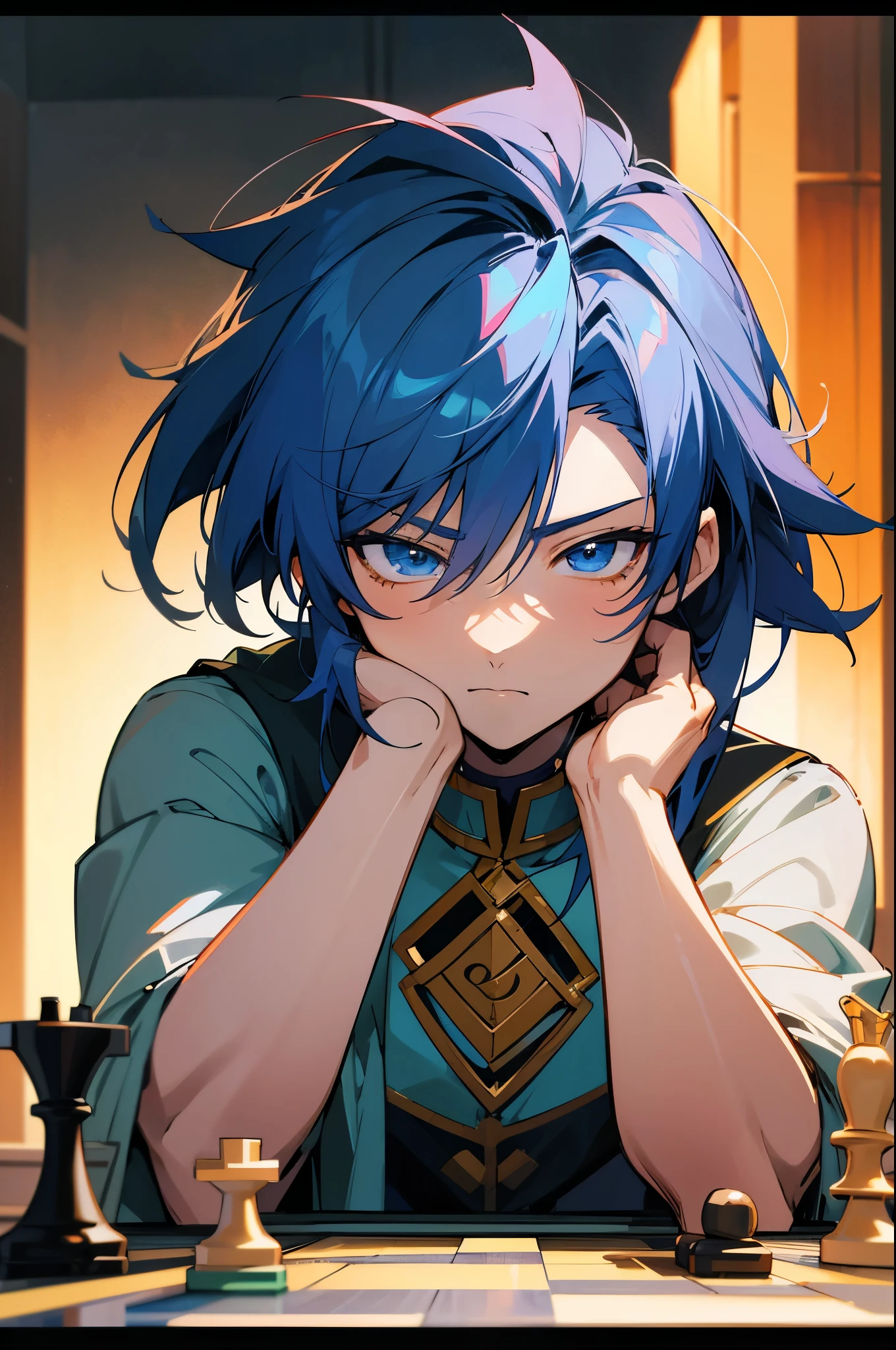 Anime male, muscular, sitting at a table,Chessboard and chess pieces, 2 d anime style, animeaesthetic, anime moe art style, young anime man, Guviz-style artwork, animeaesthetic, Guviz, Handsome anime pose, High Quality Anime Art Style, anime mecha aesthetic, male anime character, 2d anime, style of anime4 K