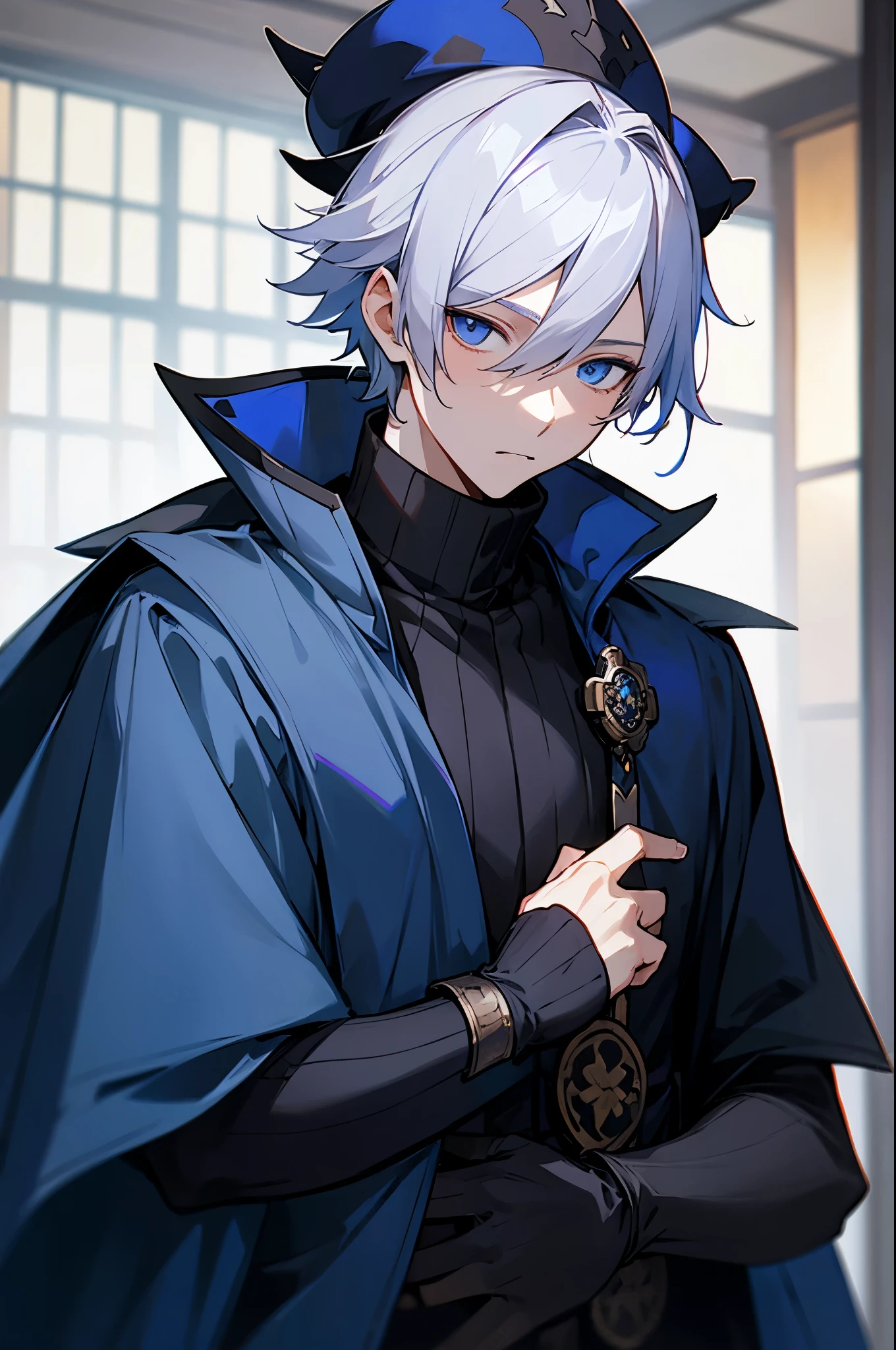 machisen2, 1boy, turtleneck, blue coat, upper body, indoors, armband,
