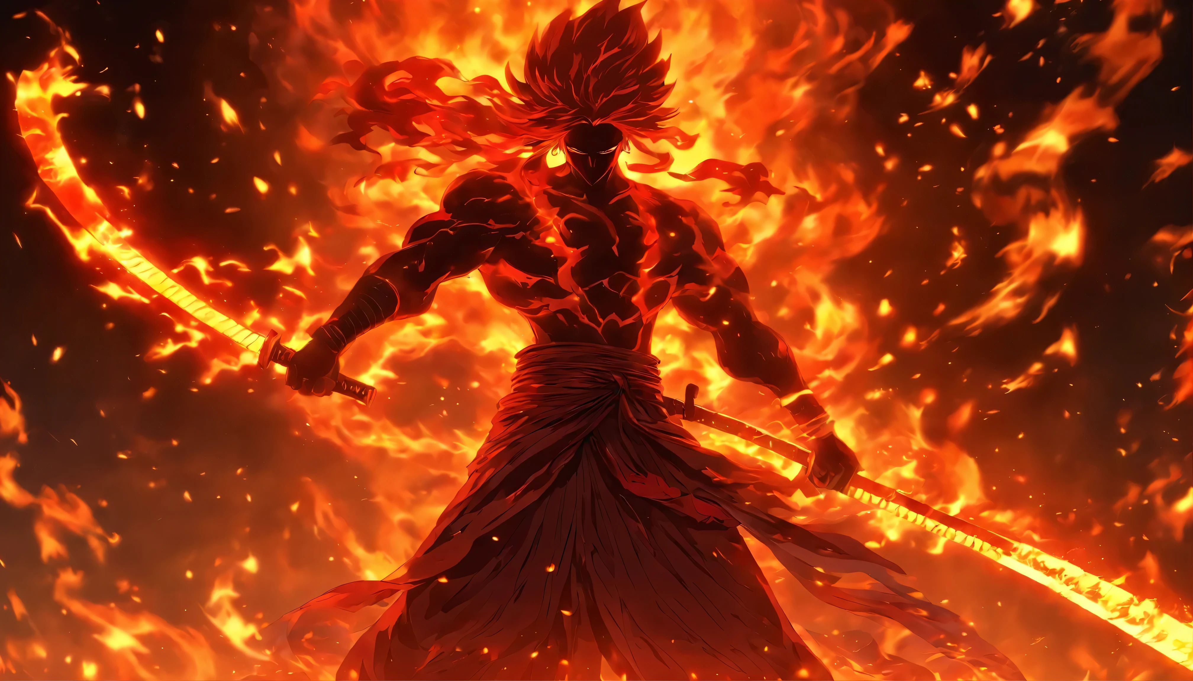 Soul Fire Katana Finds Its Mysterious Owner, A male figure is enveloped in ethereal flames,Reflecting the deep red etching on the blade. His mysterious existence hints at a close connection to the forces of hell. when he wields his katana, A blazing shadow hung over him, The mysterious dance of creation, destruction and rebirth, Embodying the eternal cycle of flames.