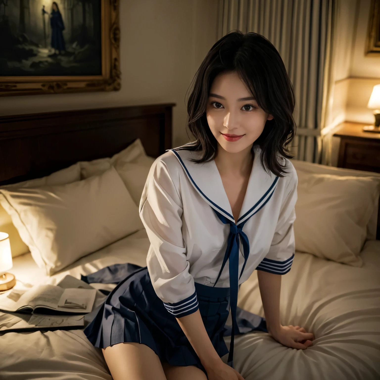 highest quality, face focus, (Depth of the bounds written) ,ultra high resolution, (realistic:1.4), Raw photo, (portrait:1.4)(Sailor suits and skirts:1.4)1 japanese girl, alone, cute, smile, (brown eyes), natural face, (with medium length haircut,) (in a dimly lit room) (There is only a single bed,) (do something revealing about yourself,) (At night,) (erotic, enchanting atmosphere:1.55)