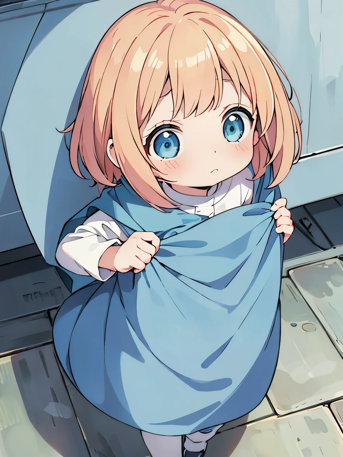  girl,Walking, sad expression, blonde hair, blue eyes, wearing a blanket, very cute, very short hair, side bangs,ultra detail, ultra HD