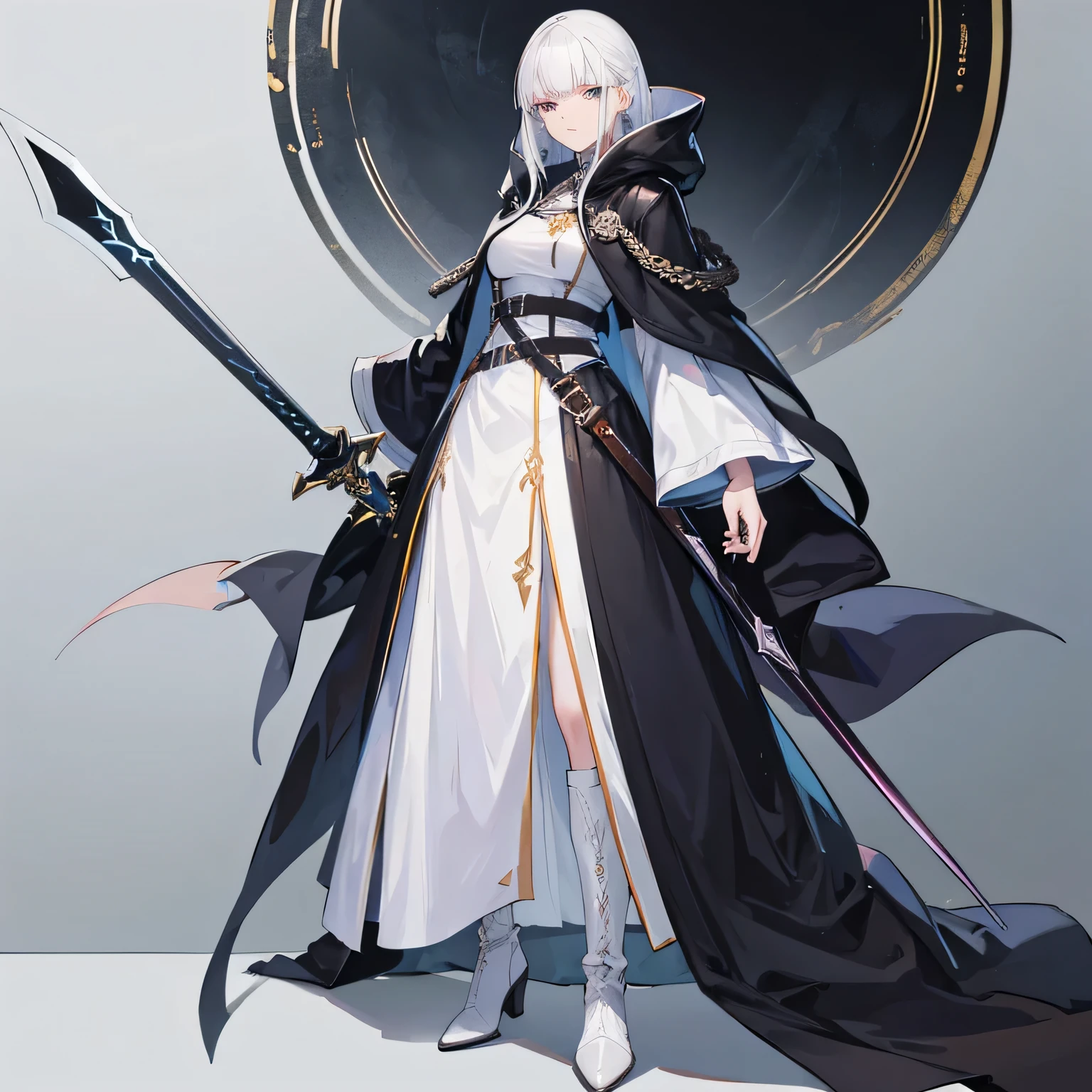 Tall woman, perfect face, best quality, dark robe, white hair, sword, hoodie, long leather boots, fantasy clothes