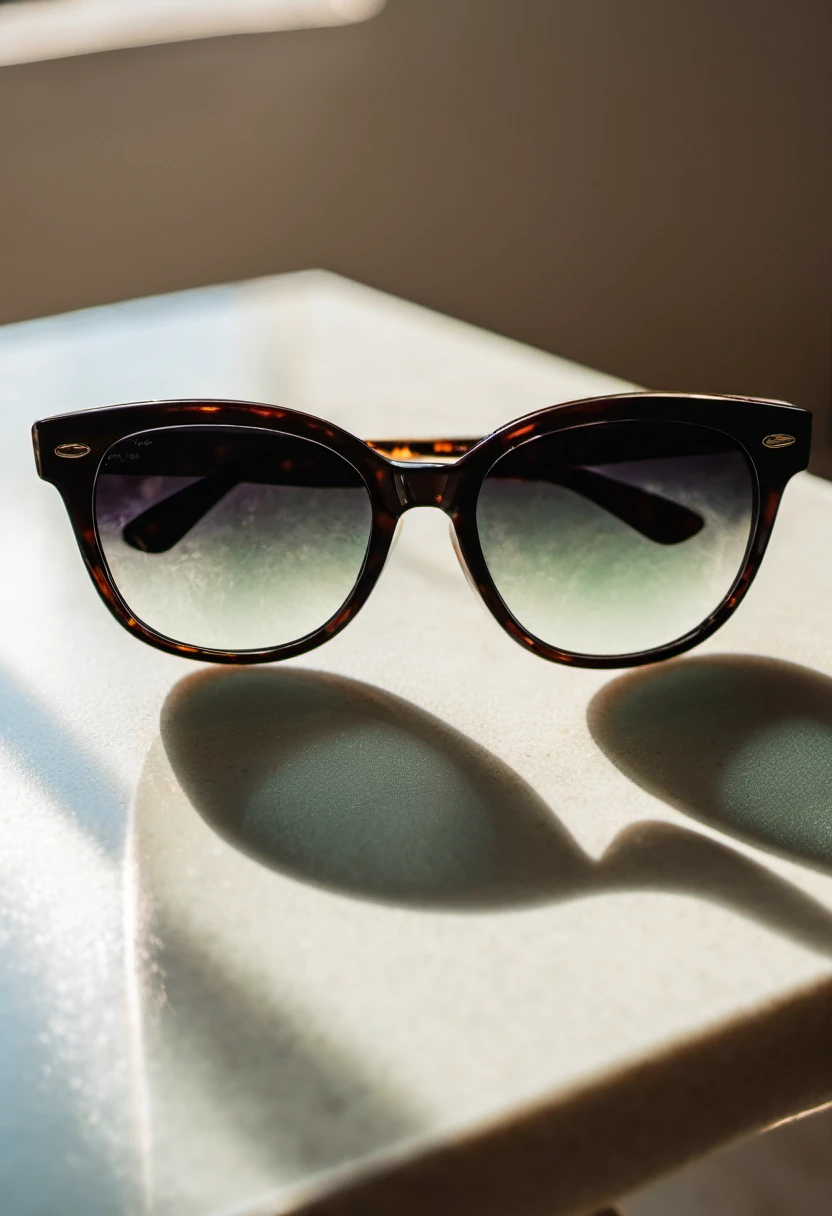 ((close up of sunglasses over a  table and the lens reflect a girl))