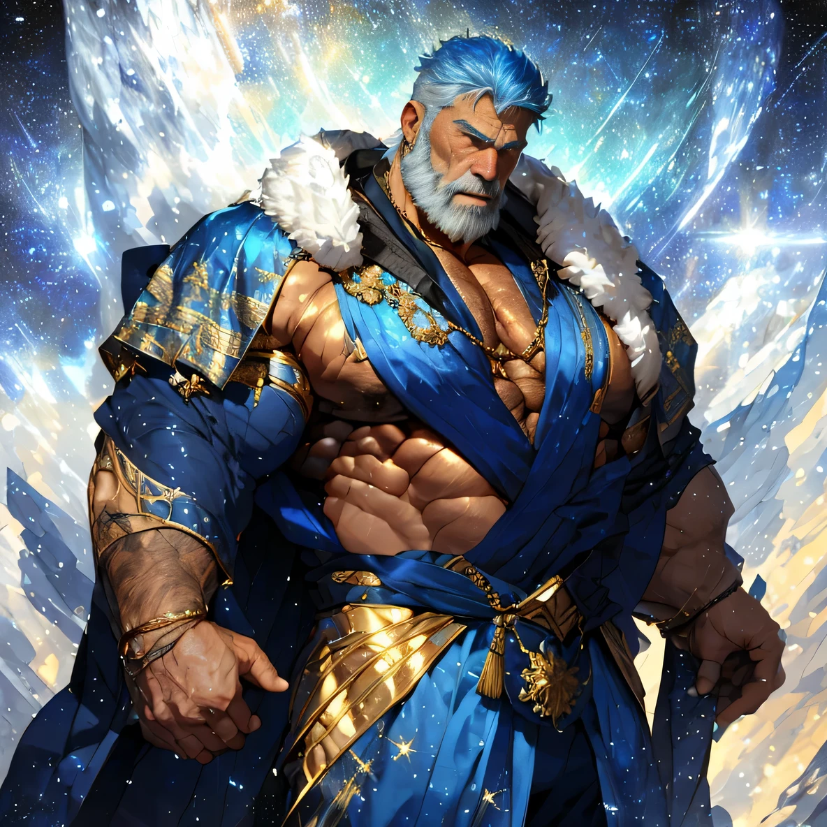 A big one, muscular old man，Sixty-five years old，Gorgeous sapphire blue silk robe，gold trim，He showed off his huge muscular chest，He showed off his great pecs，Energetic，Behind him are the brilliant starry sky and the cold polar regions，He showed off his strong chest muscles，Looking to the future，