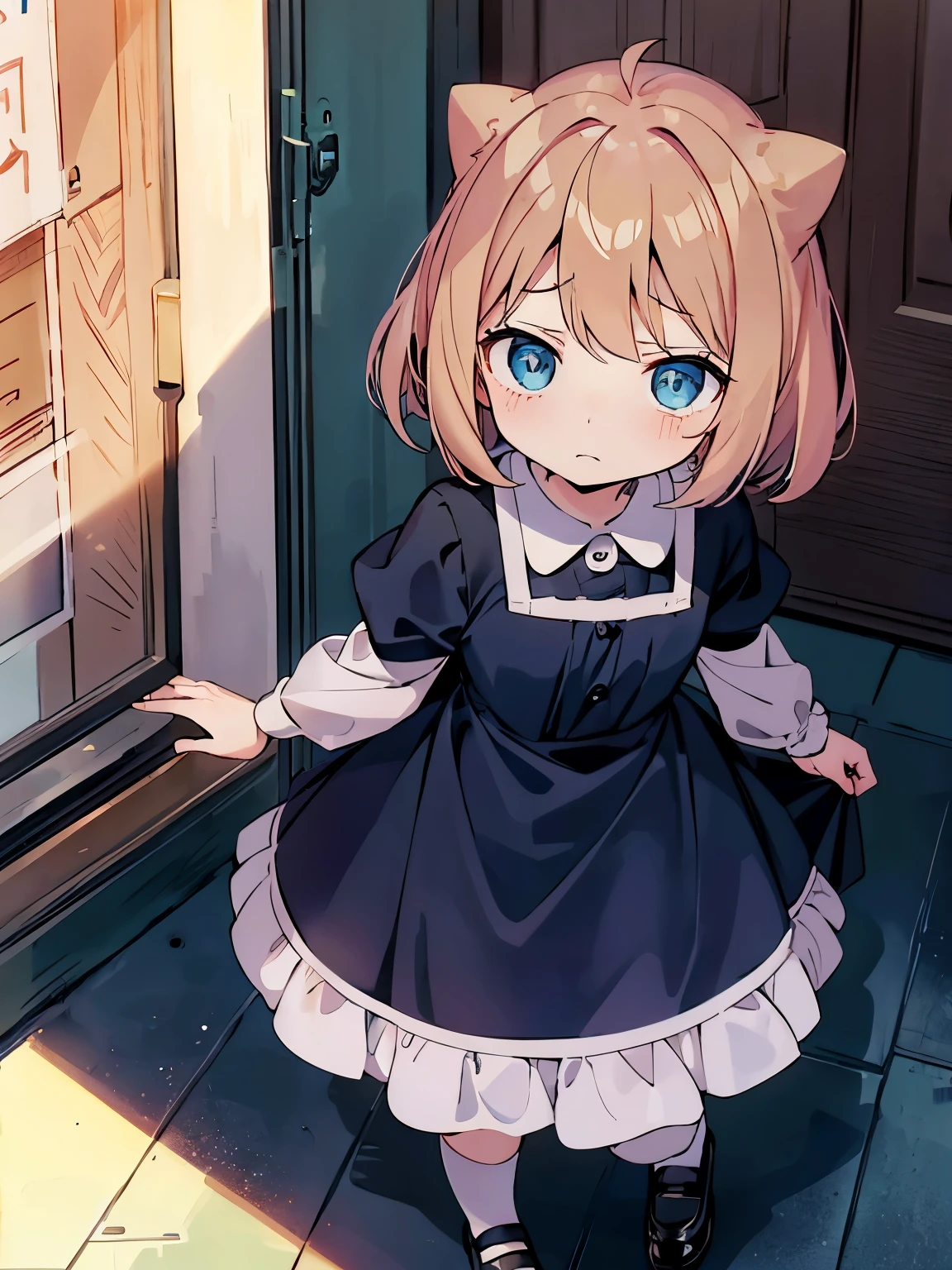 1girl,6 ,Walking, sad expression, blonde hair, blue eyes, wearing a cute dress, very cute, very short hair, side bangs,ultra detail, ultra HD