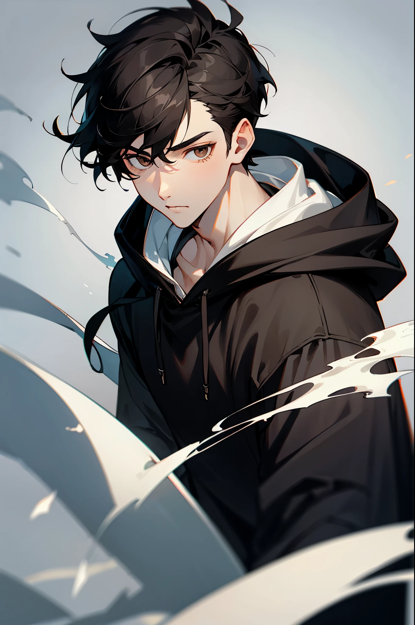 Handsomeand hot boy with brown eyes, white skin,and black hair wearing a black hoody