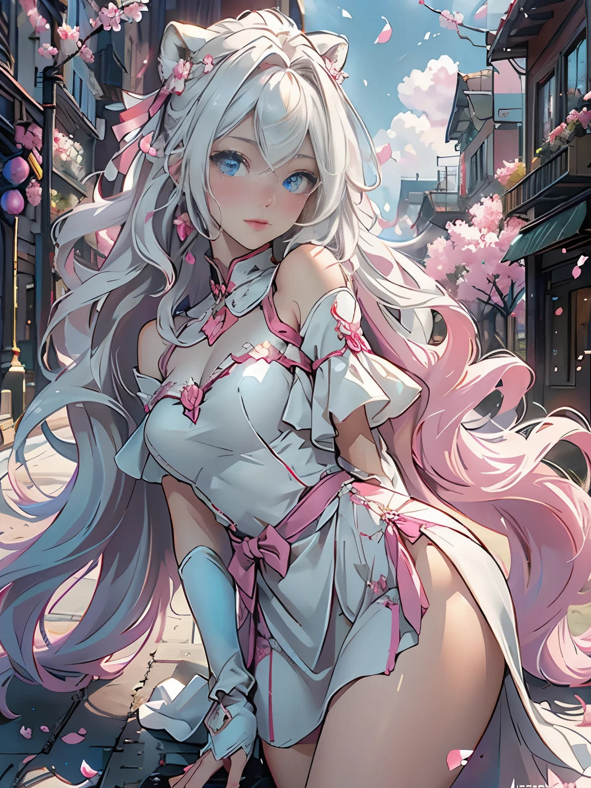 ((highest quality)), ((masterpiece)), (be familiar with:1.4), Images of beautiful cyberpunk women,HDR(high dynamic range),ray tracing,NVIDIA RTX,super resolution,fantasy 5,scattered below the surface,PBR texture,Post-processing,anisotropic filtering,written boundary depth,Maximum clarity and crisp multi-layered textures,Albedo and specular maps,surface coloring,Accurate simulation of honey-material interactions,perfect balance,Rendering with Octane,two color light,Large Diameter,Low ISO,White balance,rule 3 points、8K raw data、beautiful bright blue eyes,off shoulder clothes,Respectable students,delicate face and eyes,long eyelashes,blush,delicate and fluffy hair,pink lip,Pure,cute face,sweet girl,artistic sense,casual wear,advanced sense,butterfly,cherry blossom petals,beautiful hair accessories,long hair and waist,hair blowing in the wind,pure white fox ears,curly,pure white fluffy tail,positive light,The light from the rear window is backlit.