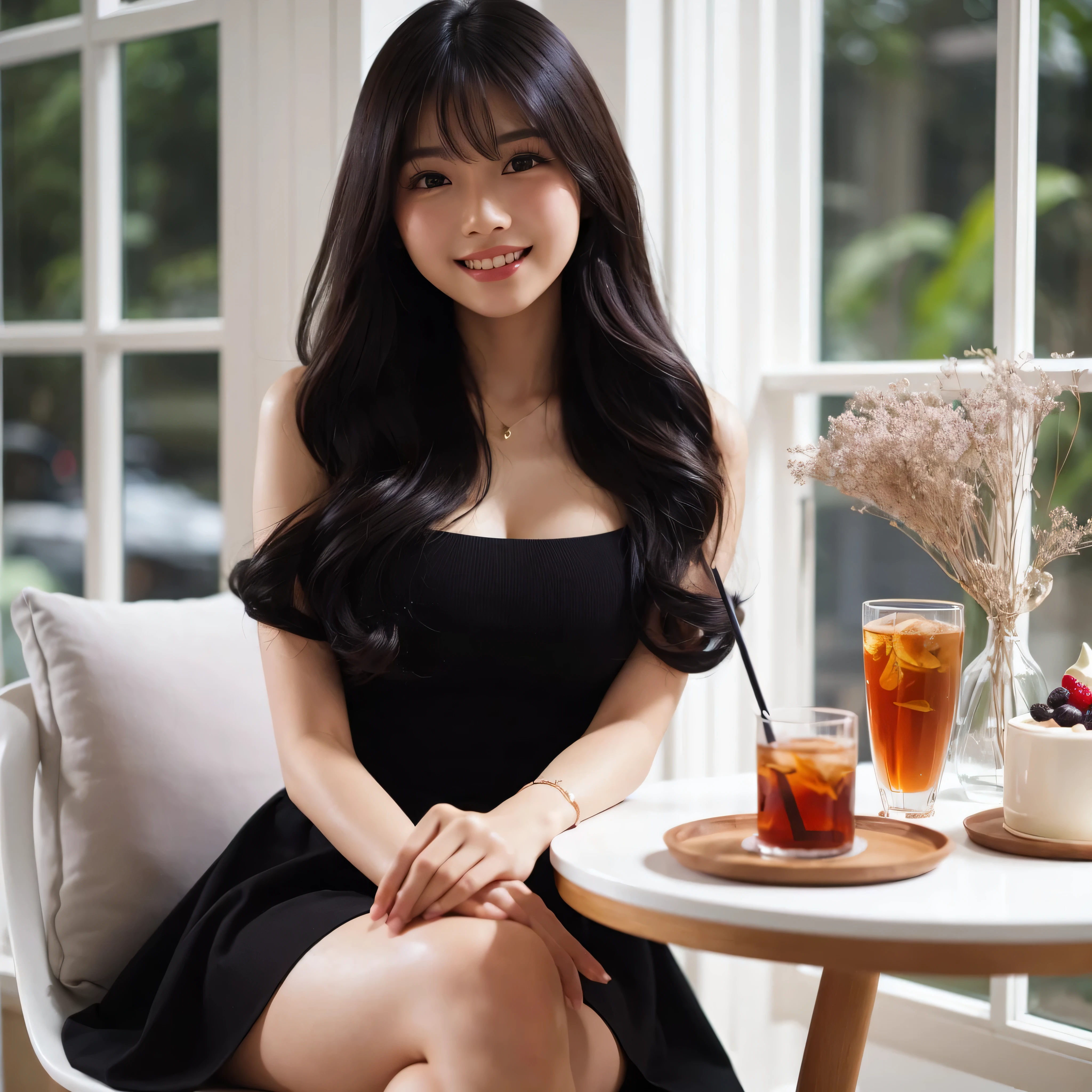 araffe woman sitting at a table with a glass of tea, beautiful asian girl, asian girl, attractive girl, with a seductive smile, anime thai girl, mai anh tran, lovely woman, gorgeous young korean woman, a young asian woman, an asian woman, beautiful south korean woman, asian girl with long hair, beautiful asian woman, beautiful young korean woman