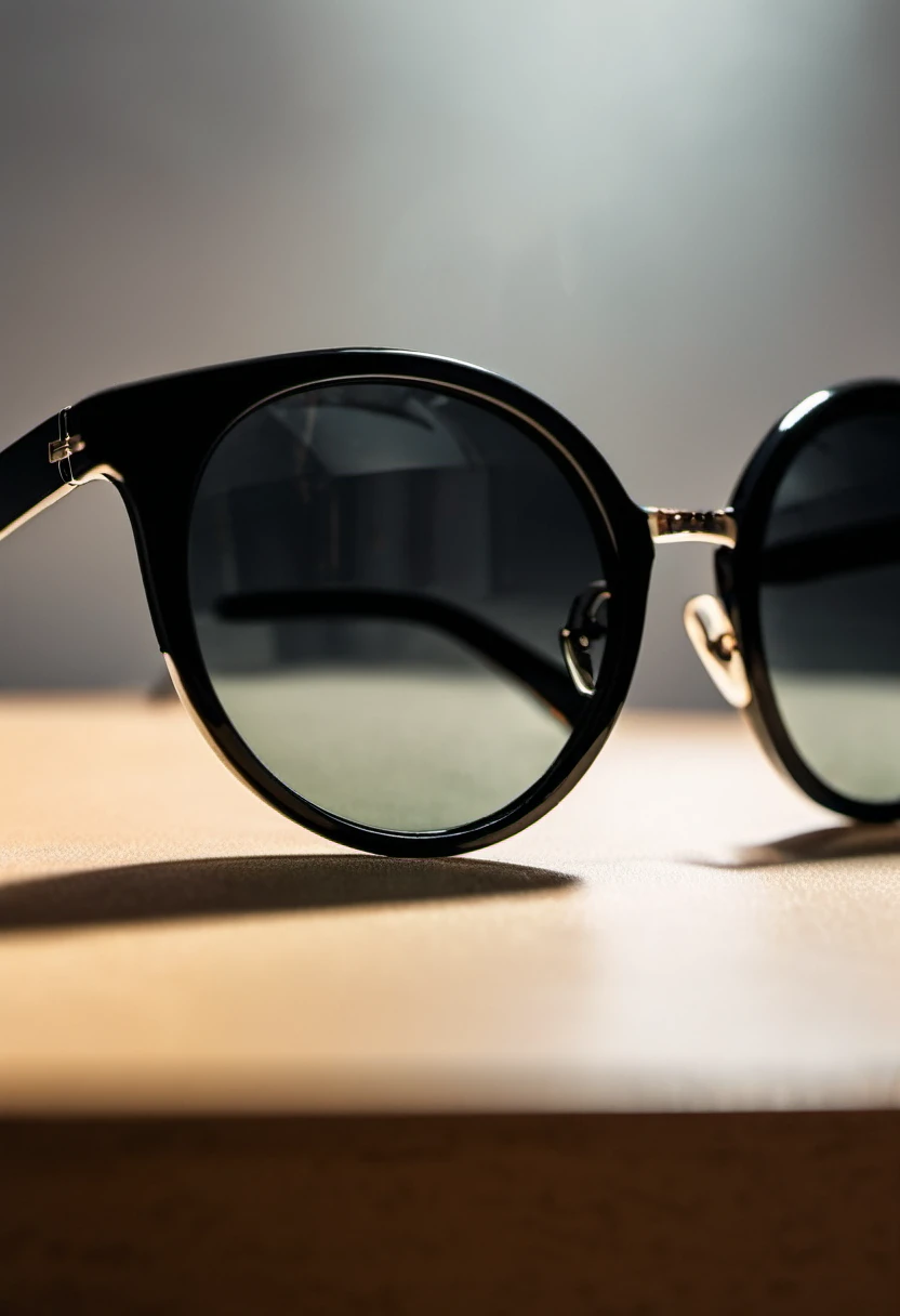 ((close up of cool black sunglasses over a table and the lens reflect))