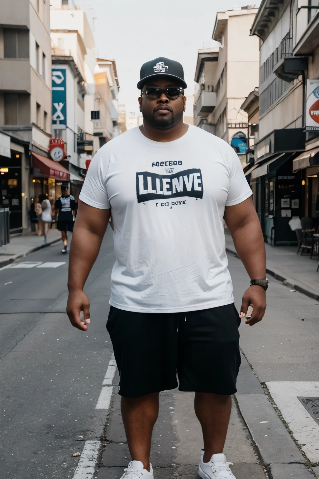american man,300 pounds,200cm,tall and strong,alone,Full body frontal photo, middle-aged man, Black person, black hair,short hair, Wearing sunglasses, With baseball cap,Aloof,obesity, Wear a white large size loose short-sleeved round neck T-shirt, , white shorts, white sneakers, Blurred street photography background