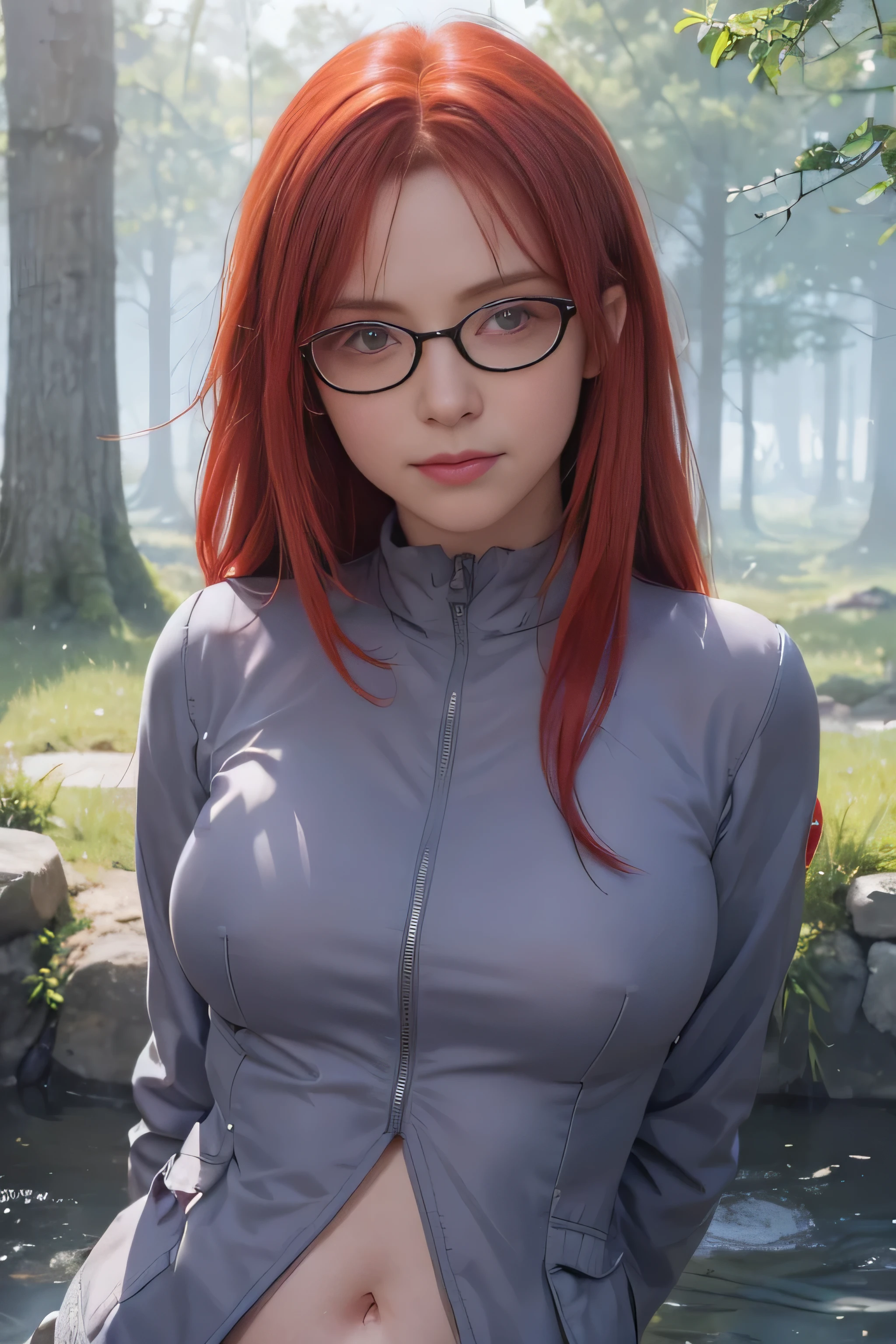masterpiece, best quality, (realistic,photo-realistic:1.4), (RAW photo:1.2), extremely detailed CG unity 8k wallpaper, delicate and beautiful, amazing,finely detail, official art, absurdres, incredibly absurdres, huge filesize, ultra-detailed,extremely detailed eyes and face,light on face,(little smile),(red hair:1.4),(long hair:1.6),(wearing jacket:1.5),nature,(red eyeballs:1.5),(wearing black framed glasses:1.4)