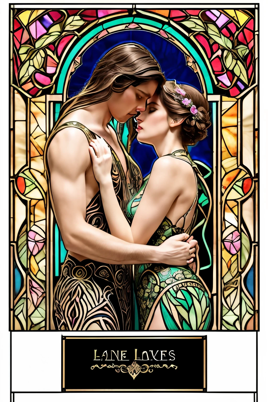 Masterpiece, best quality, colering book line art: 1.7), The Lovers tarot card with Art Nouveau flair (iu:0.9), Masterpiece, high resolution, 1.7, The Lovers tarot card reinterpreted with an Art Nouveau and synthwave hybrid style, Masterpiece, Bold and harmonious lines, Romantic composition blending futuristic synthwave elements with natural Art Nouveau curves, Technically intricate, Detailed floral and vine motifs merging with geometric shapes, Figures symbolizing The Lovers in a tender embrace, Expressions of love and unity, Attire enriched with Art Nouveau inspired patterns