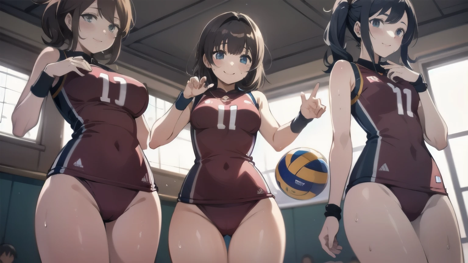 unity 8k wallpaper, anatomically correct, (((masterpiece))), (((best quality))), (((ultra detailed))), (((high-resolution))), ((super fine illustration)), ((Ultimate cutie)), ((detailed beautiful face)), perfect hands, perfect finger, (((good anatomy))), BREAK, multiple girls, lovingly gaze, harem, group picture, , (potbelly), (Curve), medium breasts, ((thick thighs)), Shiny hair, (((coquettish smile))), (((blush))), BREAK, Adidas, Sleeveless collared Volleyball Uniforms, ((wristbands)), BREAK, (Hold the beautiful spherical 6-inch volleyball), ((Sweat)), (perspired), (Heavy breathing), in gymnasium, in volleyball court, depth of field, strong light, cowboy shot,,