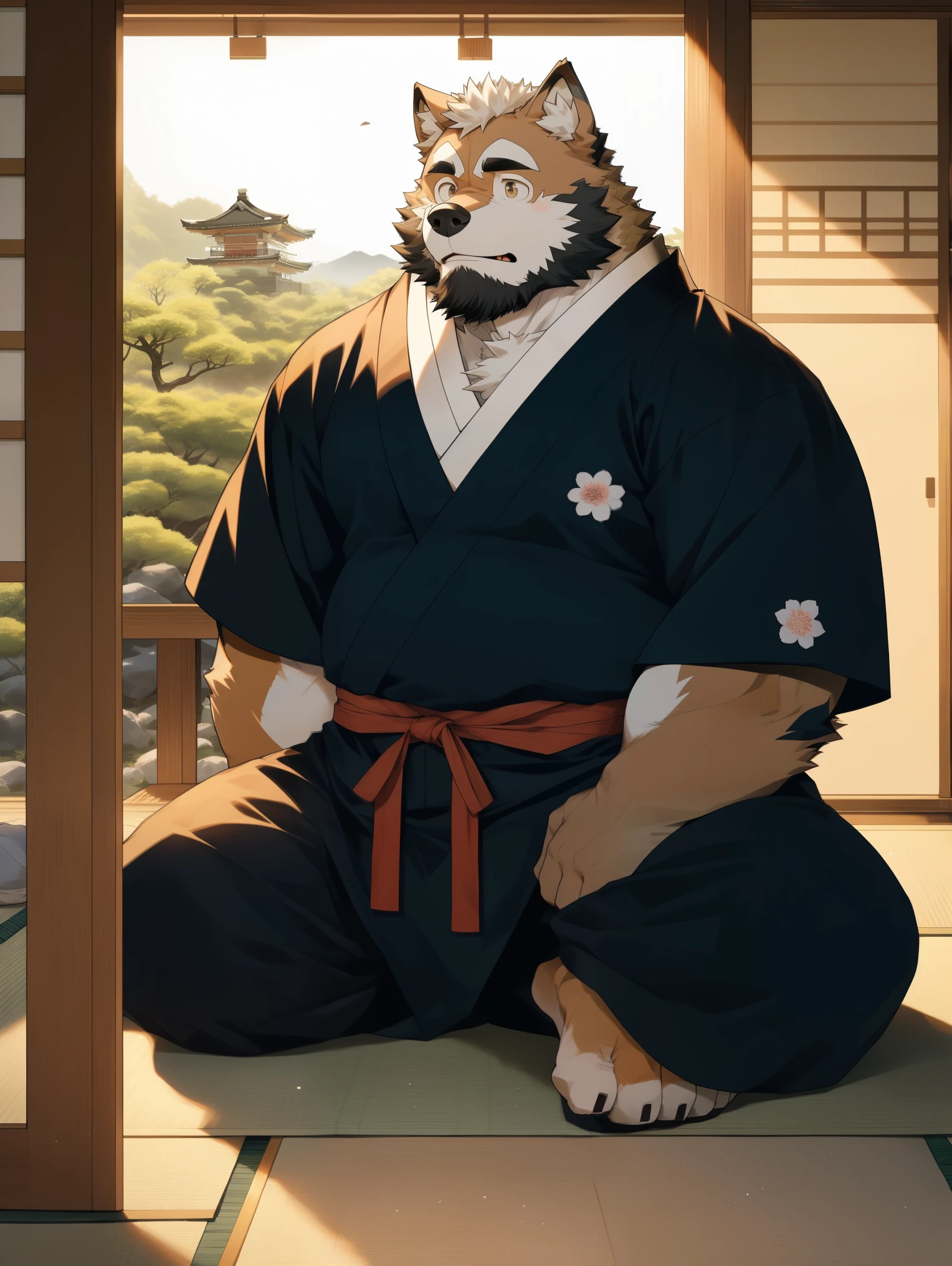 hairy,comic style,japanese manga,(Akita dog,white fur and light brown fur,Japanese traditional men's clothing,no beard)Edo period,There is a katana around the waist,Japanese traditional house,Door,house interior,cute expression,Kneel and sit on the floor,japanese garden,Beautiful background,极其lifelike阴影,masterpiece,Very detailed,lifelike