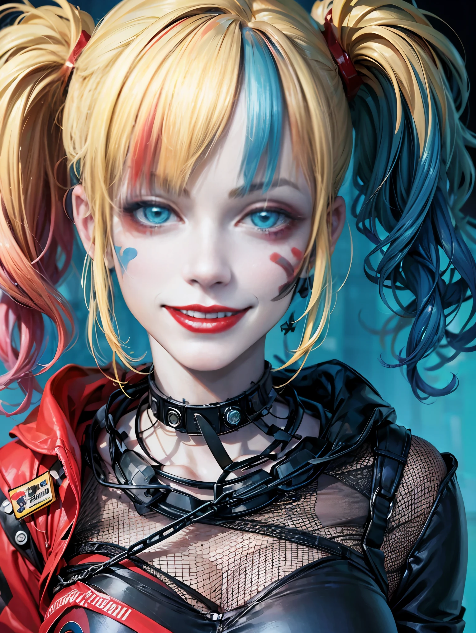 maximum quality、obra-prima、super high resolution、(Photorealistic:1.4)、1 garota、((Harley Quinn)), (arte de corpo inteiro), Cabelo brilhante, cabelo curto, cabelo liso, cabelos brilhantes e limpos, mecha de cabelo na cor rosa, mecha de cabelo na cor azul claro, cabelo no estilo scrunchie、olhos azuis, (maquiagem nos olhos na cor azul claro e vermelho claro), Pele branca e brilhante、(pale skin), Garota louca、jaqueta de couro na cor dividida entre vermelho e preta, ((sorrindo)), sorriso de boca aberta, sorrindo como louca, ((detalhes super realistas))、Sombra、octane rendering、ultra-afiado、rosto hiper detalhado、Fibra de vidro、Tubo luminoso、detalhes altamente intrincados、Realistic luz、CGSoação Trends、(facing the camera)、neon details、de dia、(luz_sorriso:1.0)