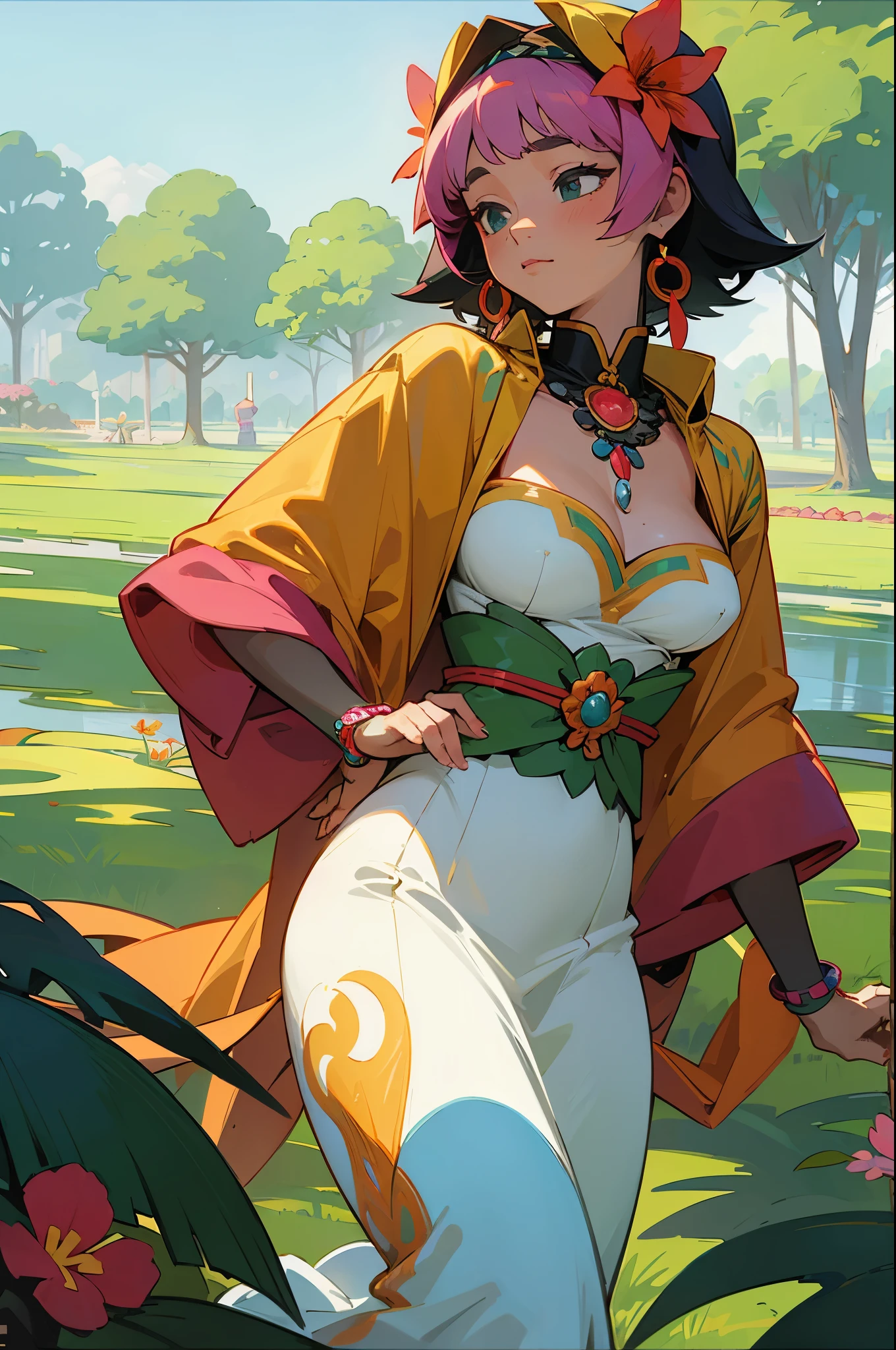 a female wearing an anime collar, a long necklace and earrings, in the style of tranquil gardenscapes, colorful animation stills, masami teraoka, aquamarine, paul gauguin, Embry style, honest portrayal