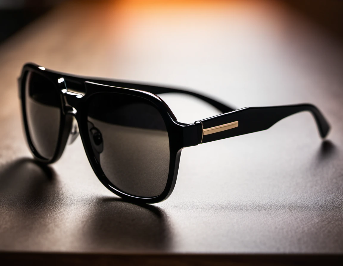 ((close up of cool black sunglasses over a table and the lens reflect))