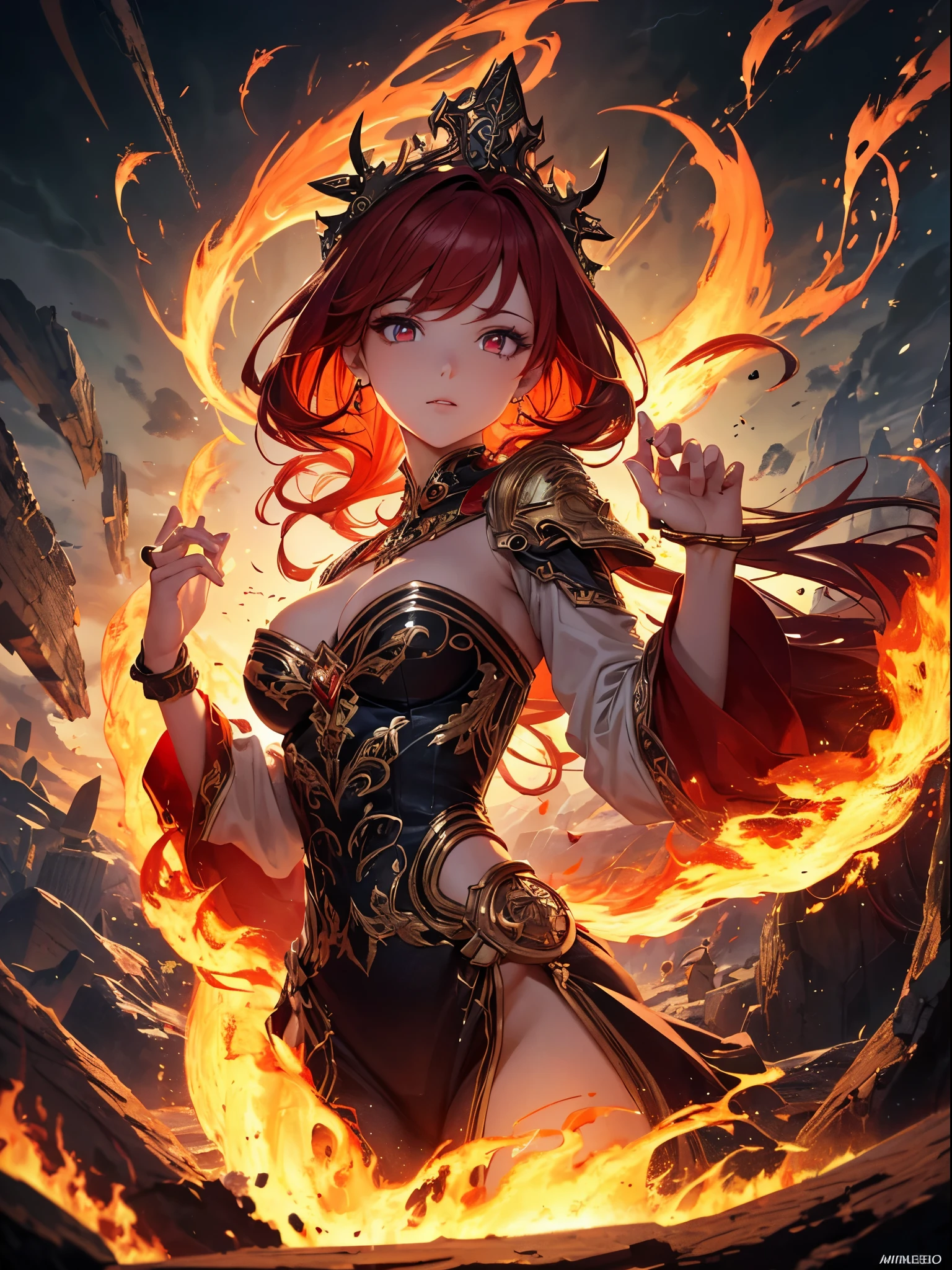 high details, best quality, 16k, [ultra detailed], masterpiece, best quality, (extremely detailed), full body, ultra wide shot, photorealistic, fantasy art, dnd art, rpg art, realistic art, an ultra wide picture of a female human (intricate details, Masterpiece, best quality: 1.5) goddess of fire  ((fiery radiant aura)), controlling a swirling red fire, fiery red radiant magic (1.5 intricate details, Masterpiece, best quality), manipulating purple radiant magical symbols, [[divine symbols]] (intricate details, Masterpiece, best quality: 1.5), human female, red  hair, long hair with aura, hair with red radiant eyes, intense eyes, ((radiant eyes)), (( red glowing eyes)), dynamic clothing, fantasy volcano back ground, stresms of lava,  celestial  background, ((divine worship atmosphere)), high details, best quality, highres, ultra wide angle