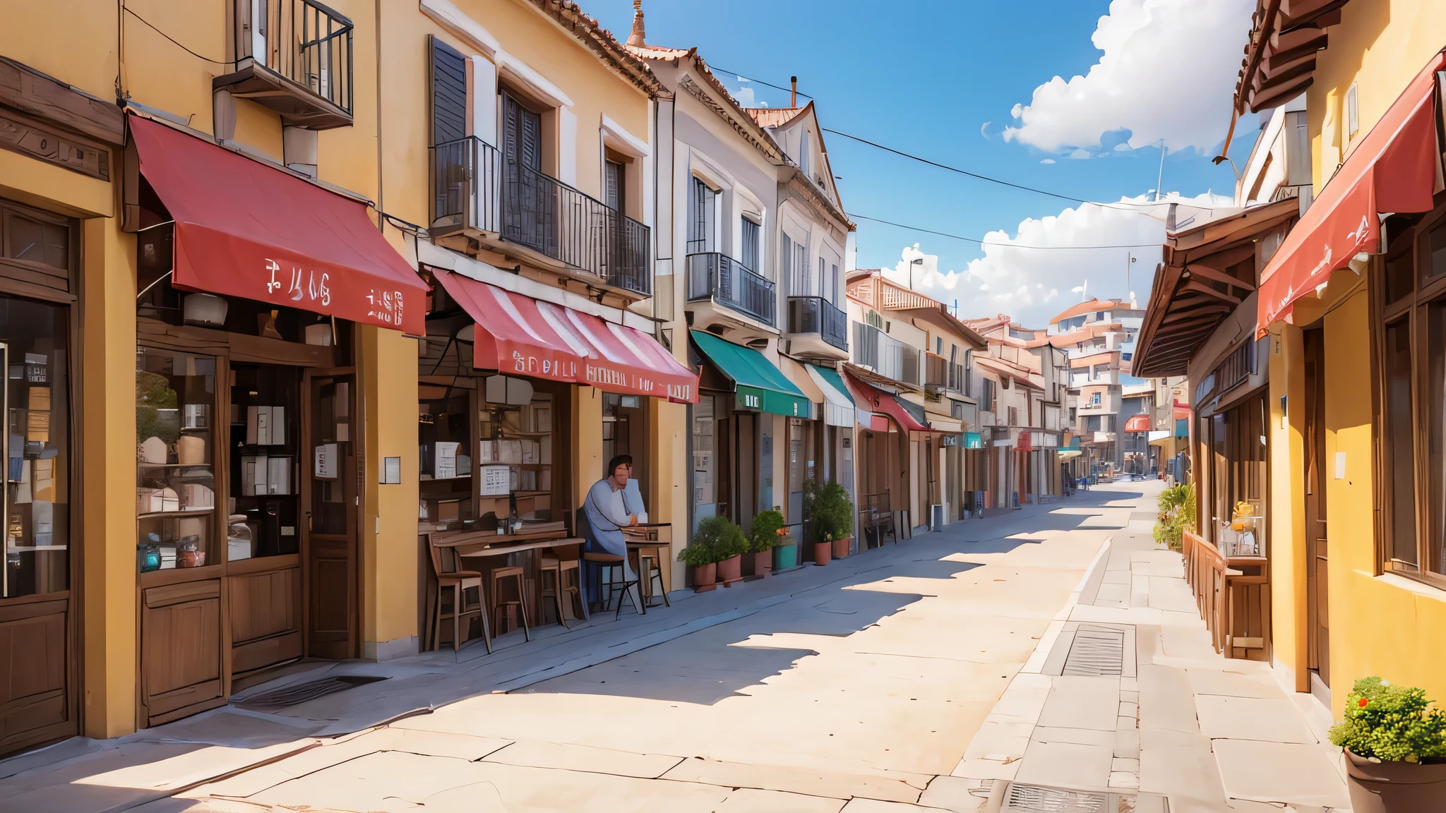 ((mejor calidad, 8K, obra maestra: 1.3)) panoramic of a street, de una zona comercial, con un cafe, una restaurante, con mucha gente caminando por las aceras
