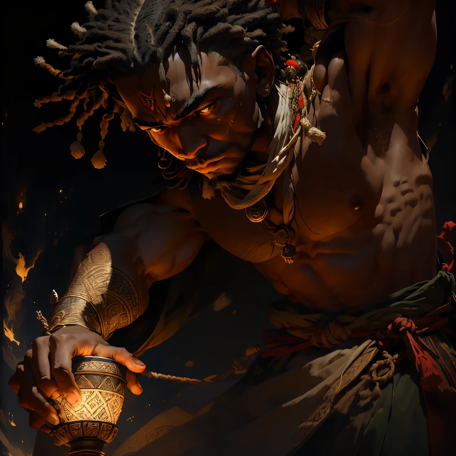 In the heart of the African savannah, an African master stands with unwavering focus, deeply engrossed in an intricately choreographed ethnic ritual. His powerful hands hold the percussion instruments, their vibrant colors a testament to the rich cultural heritage that has been passed down through generations. The photographer, with a hyper-detailed camera, captures the moment in mid-shot, the soft light illuminating every crease, scar, and bead of the master's Traditionally designed attire. The scene is an epic moment of captivating expression, the master's deep concentration a symbol of the patience and dedication required to master such ancient traditions. The image, rendered in