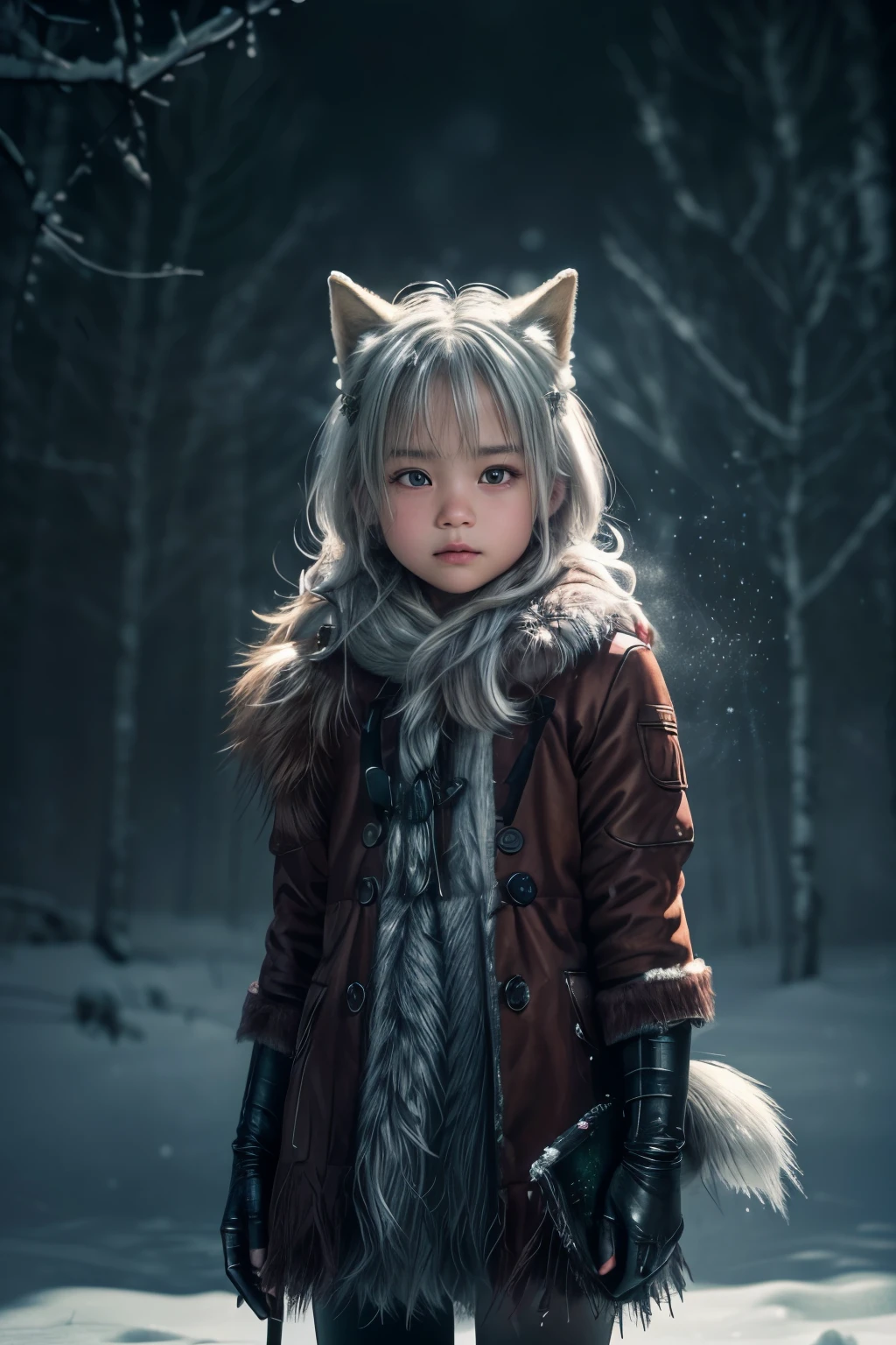 (raw photo:1.2), (photorealistic:1.4), (best quality:1.4), (ultra highres:1.2), (high detail:1.3), (HDR:1.2), (cinematic lighting:1.3), (*********** ), (4 years old), (asian girl), (shoulder length hair), (short hair), eye detail ), (detailed facial features), (fur detail), (snowy background:1.2), cute little fox, standing pose, ( 3/4 body portrait:1.2), (fluffy tail:1.2), (long fur:1.2) , (adorable:1.2), (looking at the viewer), (innocent expression), (soft lighting), (dreamlike), ( fantasylike:1.3), (ethereal:1.3), (magic:1.2), (dream forest), (snowflake:1.2), (winter wonderland:1.3), (strange:1.2), (playful: 1.2).