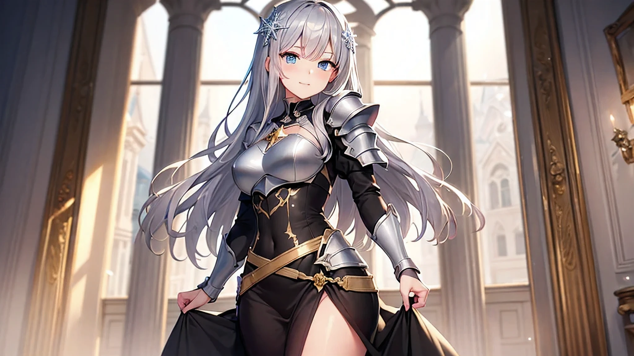 beautiful girl,gray hair,brown thick dress,long hair,gold decoration,girl,gothic,Platinum color,snowflake hair ornament,blue eyes,Thick clothing,saint,iron armor,star ,starの服の装飾,beautiful clothes,Standing picture,whole body,Clothes with decoration,golden clothes,highest quality,8K, masterpiece:1.3, sharp focus:1.2,anime style,luster,Beautiful woman,Highly detailed face and skin texture,fine eyes,beautiful eyelids,single,shadow and light texture,palace,european style,1 person,indoor,white breath,weak々nice smile
