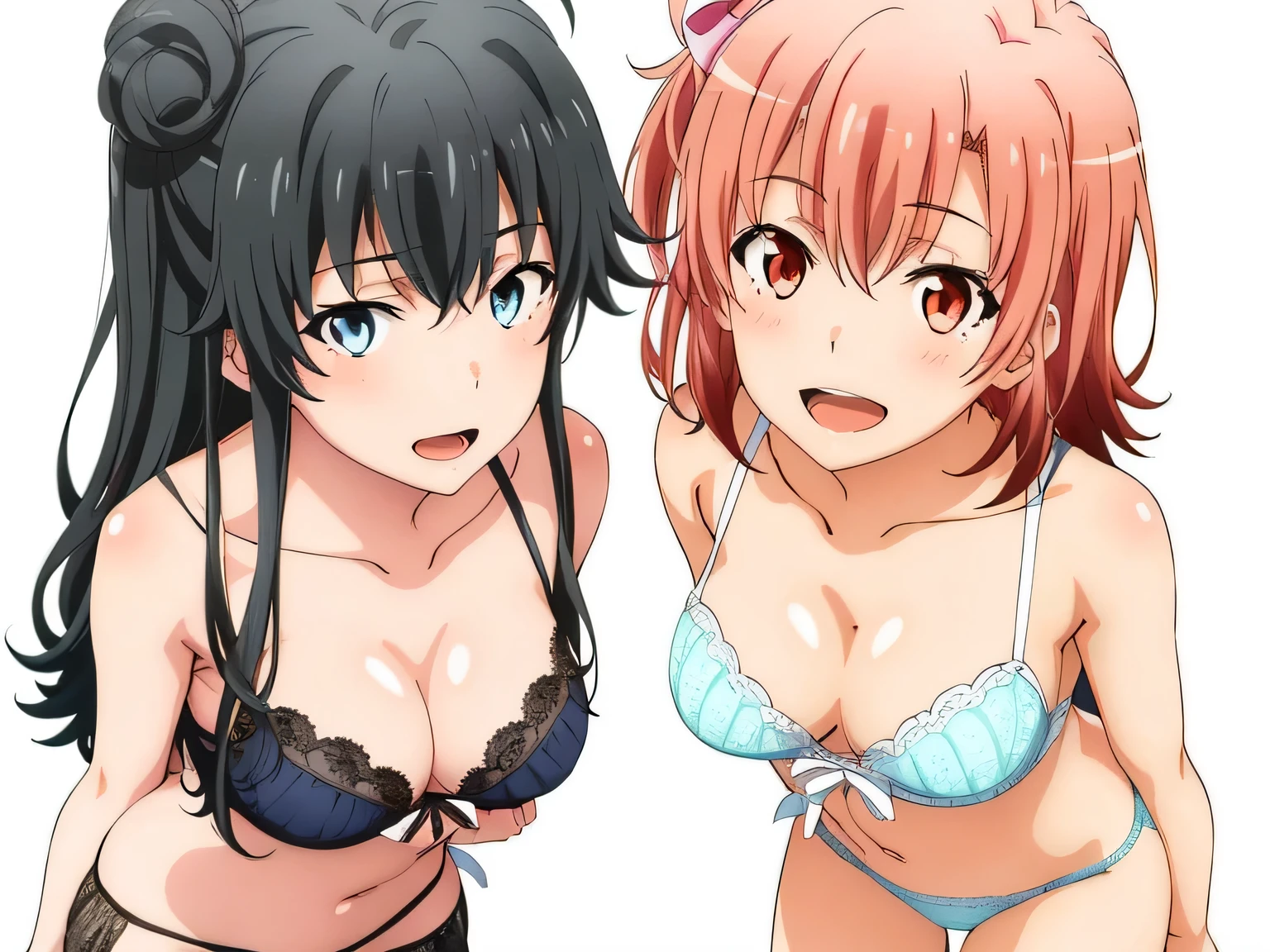 2 girls , Yukinoshita Yukino , yuigahama yui'the bust is amazing,In underwear,belly button,,white silk panties,Light blue silk panties,The line of the pussy,thighs,(high angle),beautiful eyes,open mouth smile,look at the camera,Put it on your head