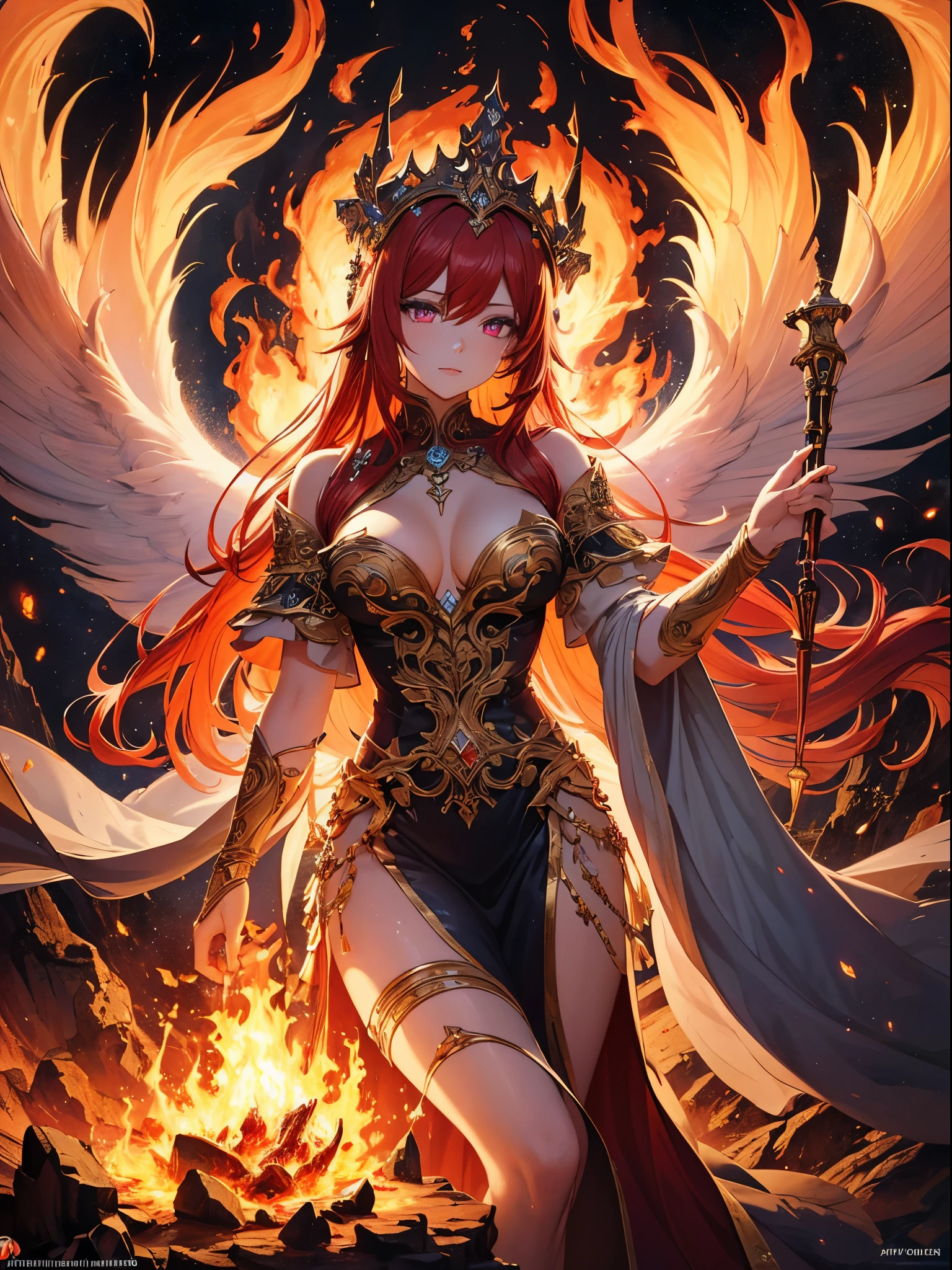 high details, best quality, 16k, [ultra detailed], masterpiece, best quality, (extremely detailed), full body, ultra wide shot, photorealistic, fantasy art, dnd art, rpg art, realistic art, an ultra wide picture of a female human (intricate details, Masterpiece, best quality: 1.5) goddess of fire  ((fiery radiant aura)), controlling a swirling red fire, fiery red radiant magic (1.5 intricate details, Masterpiece, best quality), manipulating purple radiant magical symbols, [[divine symbols]] (intricate details, Masterpiece, best quality: 1.5), human female, red  hair, long hair with aura, hair with red radiant eyes, intense eyes, ((radiant eyes)), (( red glowing eyes)), dynamic clothing, fantasy volcano back ground, stresms of lava,  celestial  background, ((divine worship atmosphere)), high details, best quality, highres, ultra wide angle