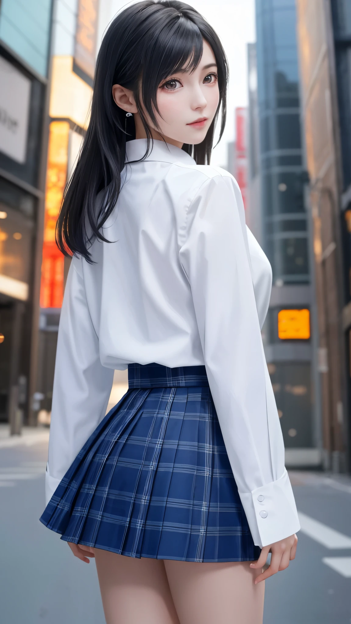 {top quality, 4k, masterpiece},{{{Realistic}}},wallpapers, BREAK {{{FF7,Tifa_lockhart,solo}}},{{{Japanese JK uniform, Navy Blue blazer, collared school shirt, long-sleeved, Navy Blue Plaid Pleated mini-Skirt, loafers}}},{{background big city, Shibuya, neon}},Cinematic lighting, city light at night,{{model pose, Nogizaka idol}},Ultra-detailed face, Detailed eyes, Red eyes, BREAK (((FF7,Tifa_lockhart))),{black brown hair, medium breasts}, BREAK , About 18 years old, kawaii,{{{face focus, back hair}}}, looking back, Beautiful legs,  