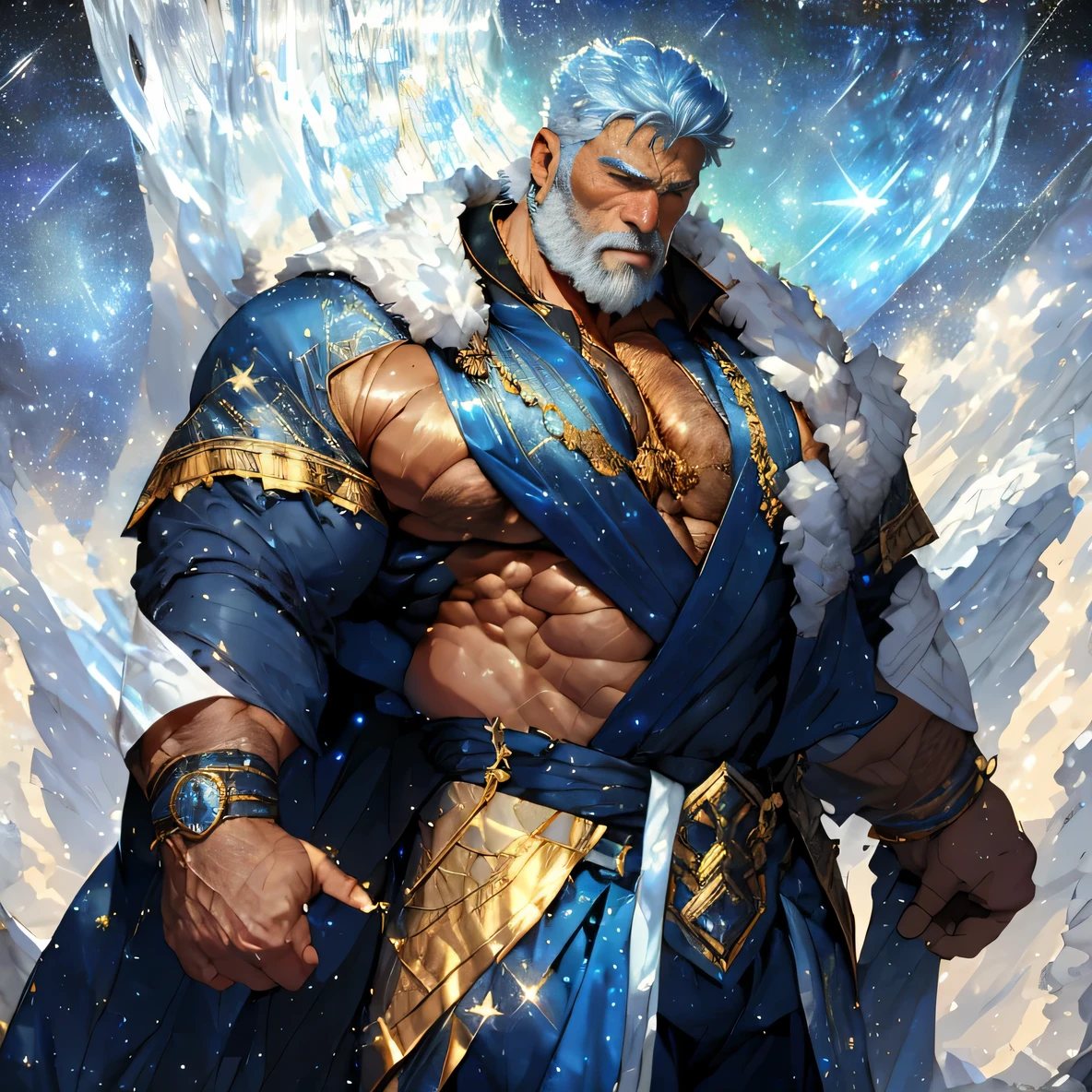 A big one, muscular old man，Sixty-five years old，Gorgeous sapphire blue silk robe，gold trim，He showed off his huge muscular chest，He showed off his great pecs，Energetic，Behind him are the brilliant starry sky and the cold polar regions，He showed off his strong chest muscles，Looking to the future，