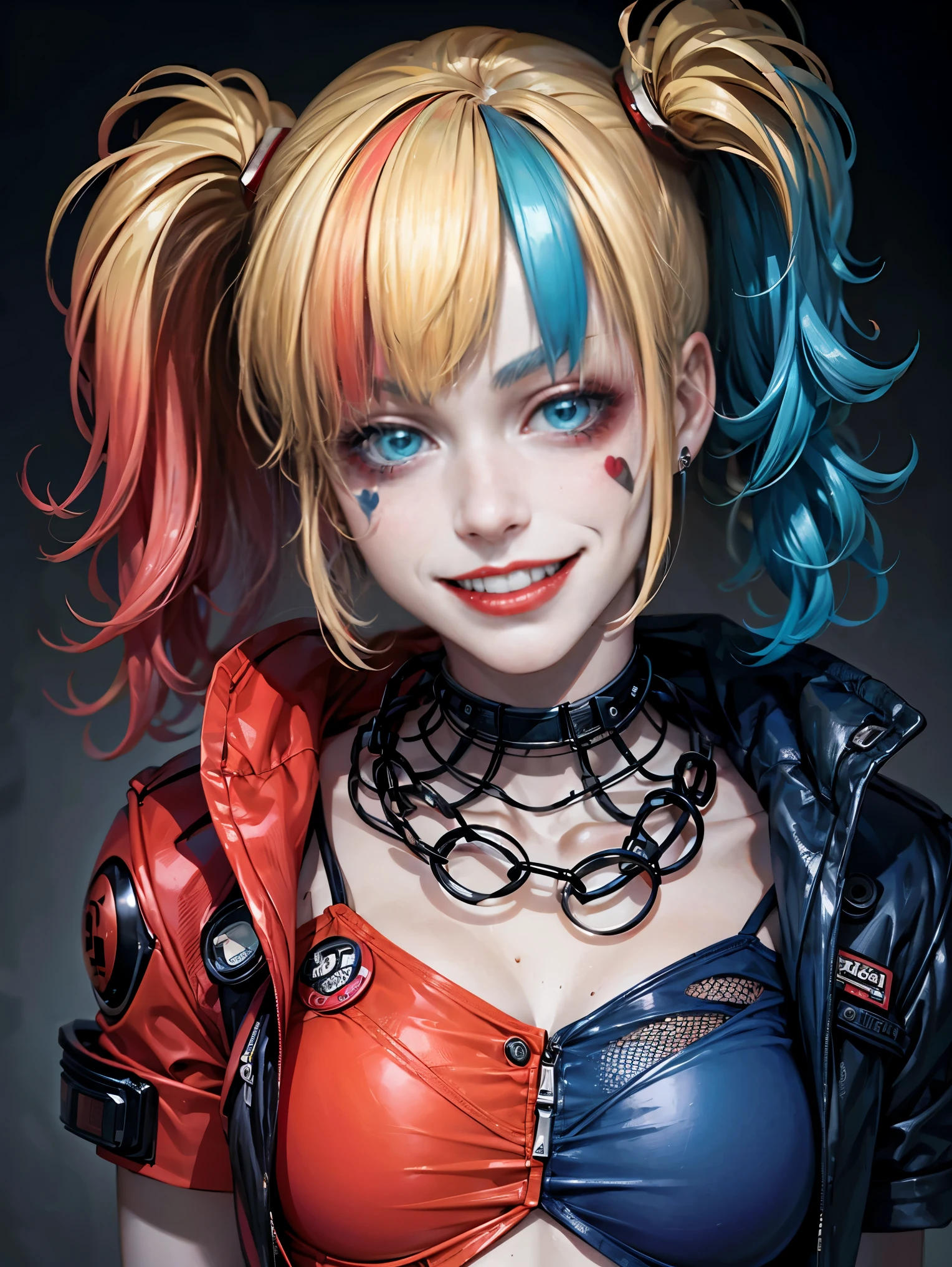 maximum quality、obra-prima、super high resolution、(Photorealistic:1.4)、1 garota、((Harley Quinn)), (garota de corpo inteiro), foto de corpo inteiro, , Cabelo brilhante, cabelo curto, cabelo liso, cabelos brilhantes e limpos, mecha de cabelo na cor rosa, mecha de cabelo na cor azul claro, cabelo no estilo scrunchie、olhos azuis, (maquiagem nos olhos na cor azul claro e vermelho claro), Pele branca e brilhante、(pale skin), Garota louca、jaqueta de couro na cor dividida entre vermelho e preta, ((sorrindo)), sorriso de boca aberta, sorrindo como louca, ((detalhes super realistas))、Sombra、octane rendering、ultra-afiado、rosto hiper detalhado、Fibra de vidro、Tubo luminoso、detalhes altamente intrincados、Realistic luz、CGSoação Trends、(facing the camera)、neon details、de dia、(luz_sorriso:1.0)