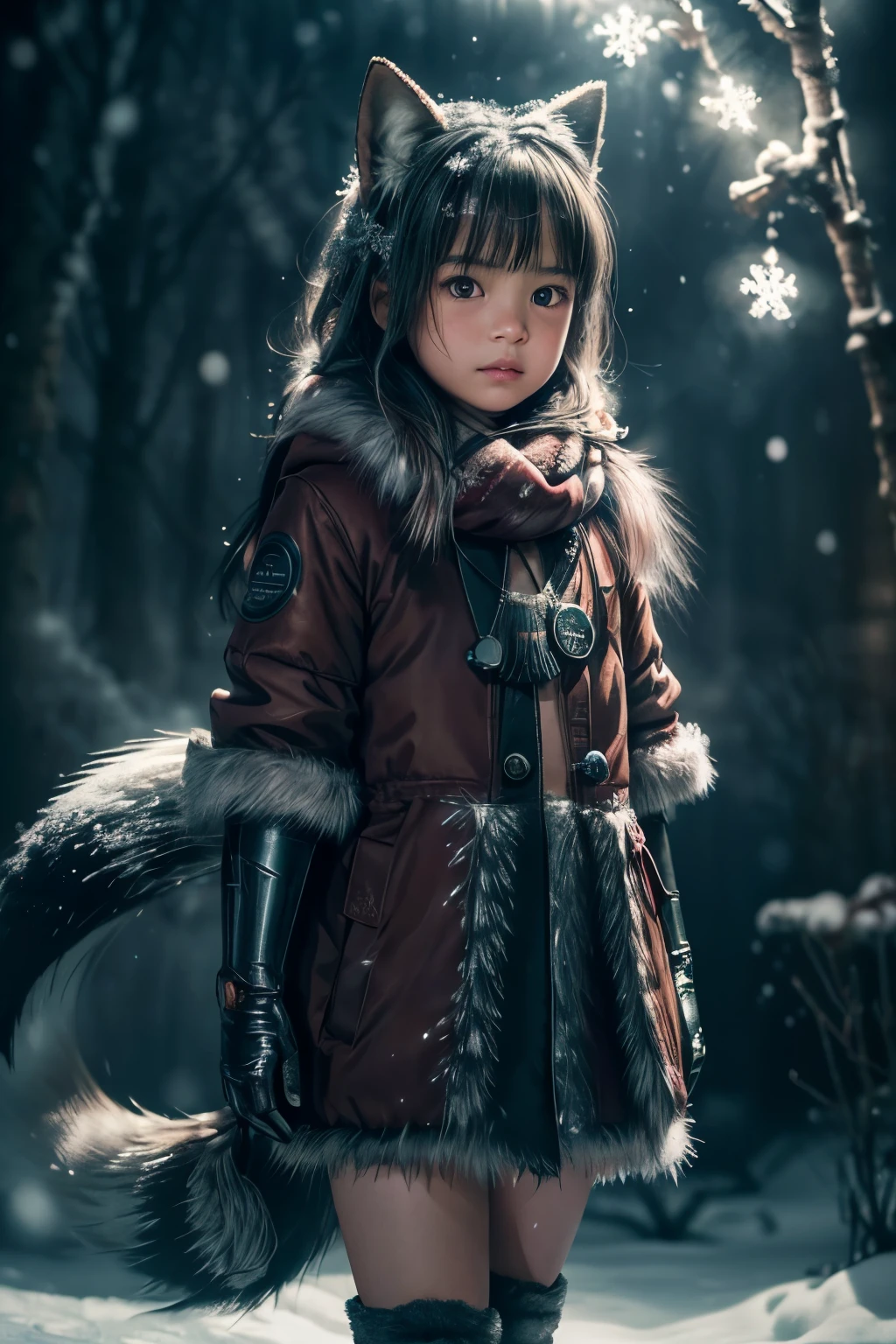 (raw photo:1.2), (photorealistic:1.4), (best quality:1.4), (ultra highres:1.2), (high detail:1.3), (HDR:1.2), (cinematic lighting:1.3), (*********** ), (4 years old), (asian girl), (shoulder length hair), (short hair), ( Black hair), (eye detail ), (detailed facial features), (fur detail), (snowy background:1.2), cute little fox, standing pose, ( 3/4 body portrait:1.2), (fluffy tail:1.2), (long fur:1.2) , (adorable:1.2), (looking at the viewer), (innocent expression), (soft lighting), (dreamlike), ( fantasylike:1.3), (ethereal:1.3), (magic:1.2), (dream forest), (snowflake:1.2), (winter wonderland:1.3), (strange:1.2), (playful: 1.2).