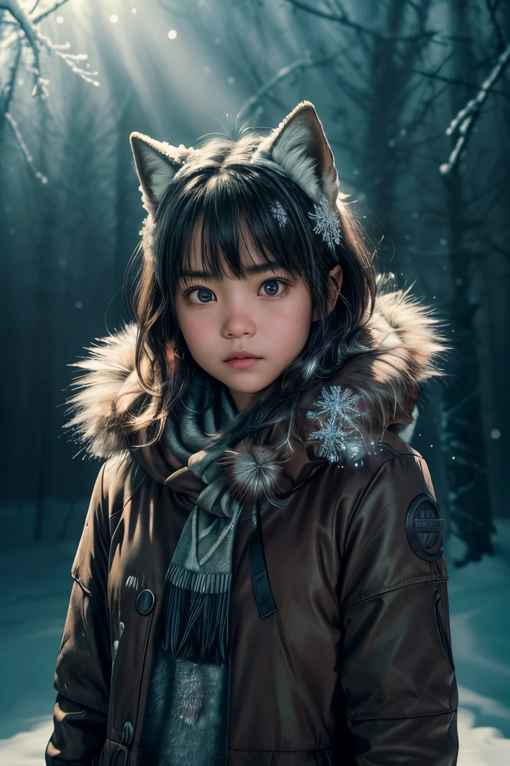 (raw photo:1.2), (photorealistic:1.4), (best quality:1.4), (ultra highres:1.2), (high detail:1.3), (HDR:1.2), (cinematic lighting:1.3), (*********** ), (4 years old), (asian girl), (shoulder length hair), (short hair), ( Black hair), (eye detail ), (detailed facial features), (fur detail), (snowy background:1.2), cute little fox, standing pose, ( 3/4 body portrait:1.2), (fluffy tail:1.2), (long fur:1.2) , (adorable:1.2), (looking at the viewer), (innocent expression), (soft lighting), (dreamlike), ( fantasylike:1.3), (ethereal:1.3), (magic:1.2), (dream forest), (snowflake:1.2), (winter wonderland:1.3), (strange:1.2), (playful: 1.2).