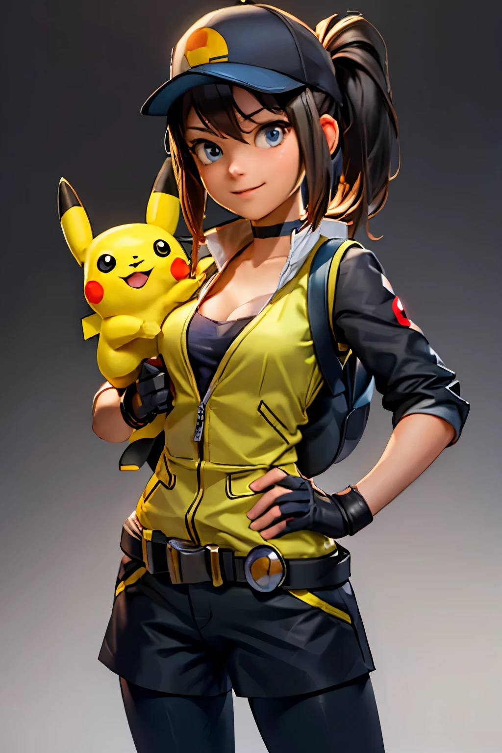 (Highly detailed CG Unity 8K wallpaper),(masterpiece),(highest quality),(Super detailed),(best illustrations),(best shadow),(disorganized), trainer, 1 girl, female protagonist (Pokemon go), chest, monster Ball, gloves, have, fingerless gloves, holding, ponytail, holding monster Ball, Pokemon (living things), baseball cap, cleavage, open your mouth, belt, smile, choker, monster Ball (Basic), Pikachu, long hair, bag,  leggings, simple background, Backpack, on the shoulder, cowboy shot, , put your hand on your waist, looking at the viewer, shorts, black gloves, Pokemon on the shoulder, clavicle, Jacket, 
