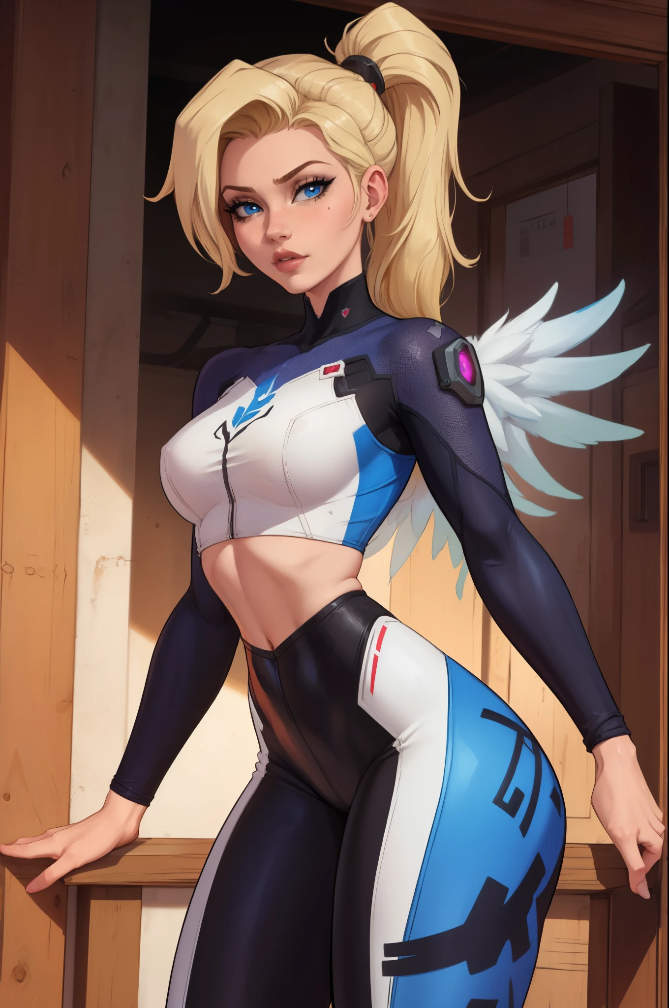 1 girl,(solo), (cowboy shot:1.4), (masterpiece:1.2), (best quality:1.2),looking at viewer,dynamic pose, (ultra detailed),realistic, perfect eyes,blue eyes,short blonde hair,high short ponytail,Mercy/(Overwatch/),double wings, leggings,crop top, 