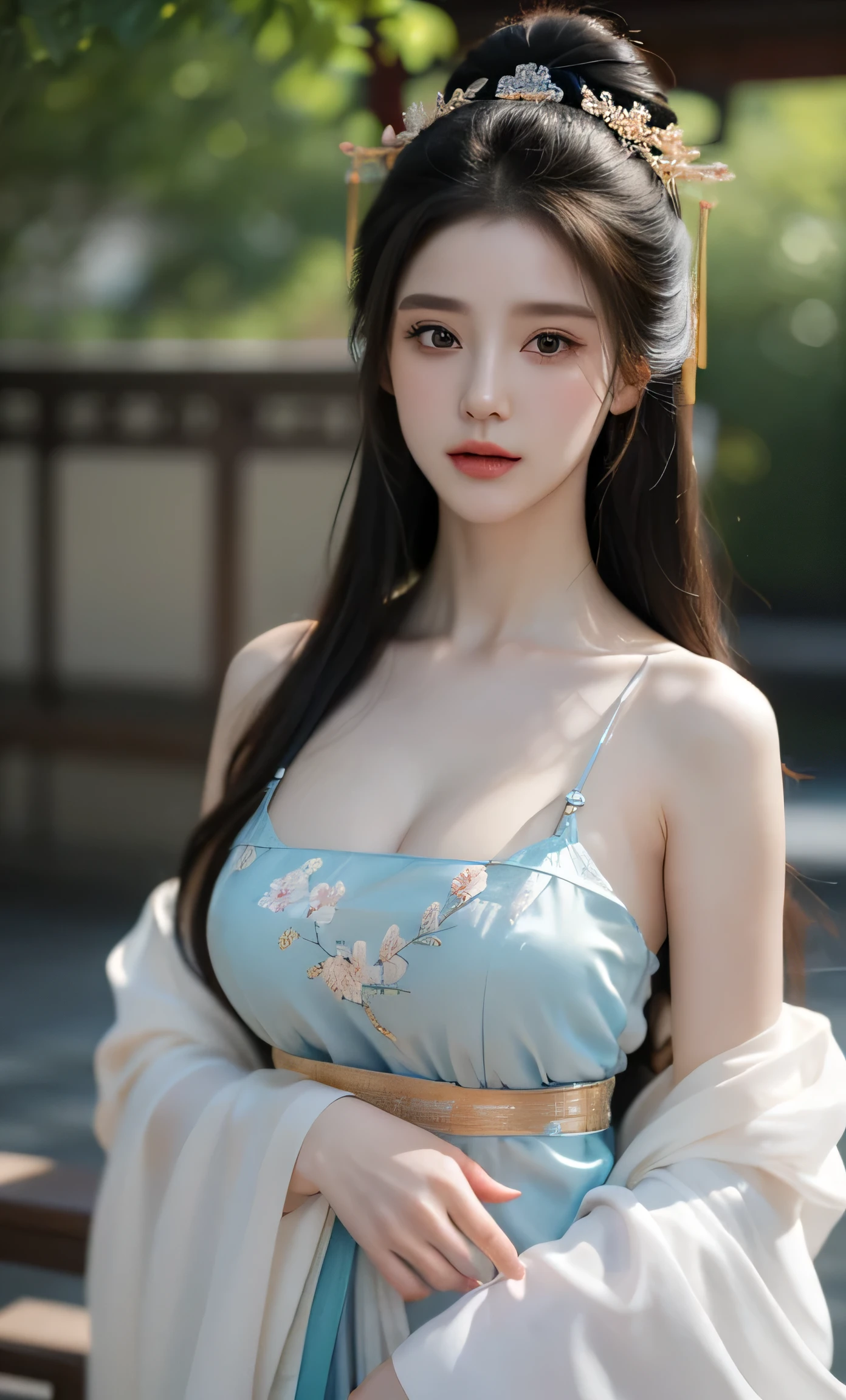 （high quality、top quality、realism、unified 8k：1.5）masterpiece，Highest resolution，a girl，Big boobs：1.3，Body facing camera：1.3，eyes with details，Sexy，noble，pretty face：1.2，hair details，The texture of the details：1.1，Translucent effect：1.3，Translucent gorgeous Hanfu：1.4，Flower embroidery：1.1，take off shoulders，Suspenders，V neckline，split，silk，Clothing that fits snugly to the body，soaked clothes：1.3，long black hair，Chinese hair accessories，thin waist，blurred background，depth of field