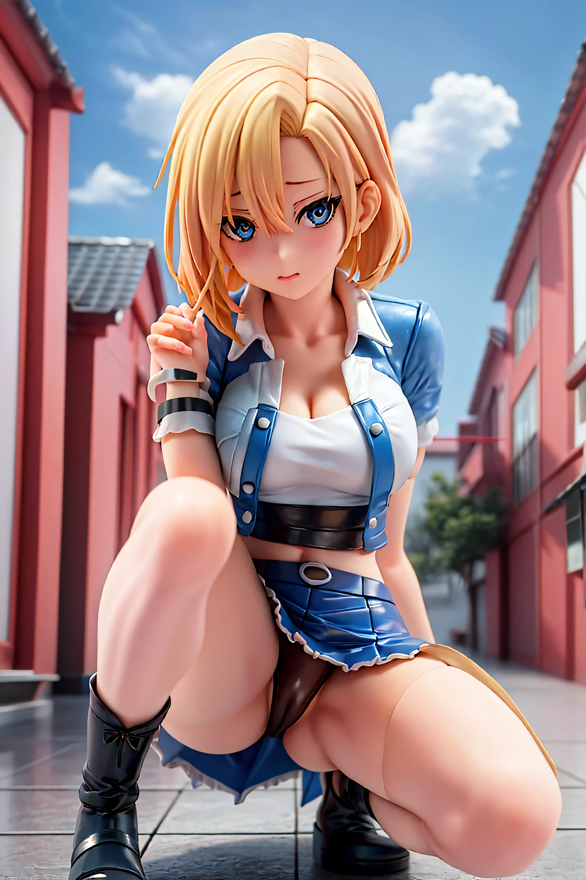 Figura de PVC de chica anime with blonde hair and blue eyes crouching down on the ground, androide 18, estilo anime realista 3d, alta resolucion 4k, chica anime, el anime chica esta agachado, anime chica atractiva, hermosa chica anime en cuclillas, estilo anime limpio y detallado, chica anime, estilo de arte anime de alta calidad, an chica anime, estilo de arte anime realista, estilo de arte anime realista, (, , pubic hair), (bragas mojadas), pubic hair, figura pvc de alta calidad y detalle, rostro perfecto y angelical , resolucion 8k , piernas prefectas, ojos azul rubia, Figura de PVC