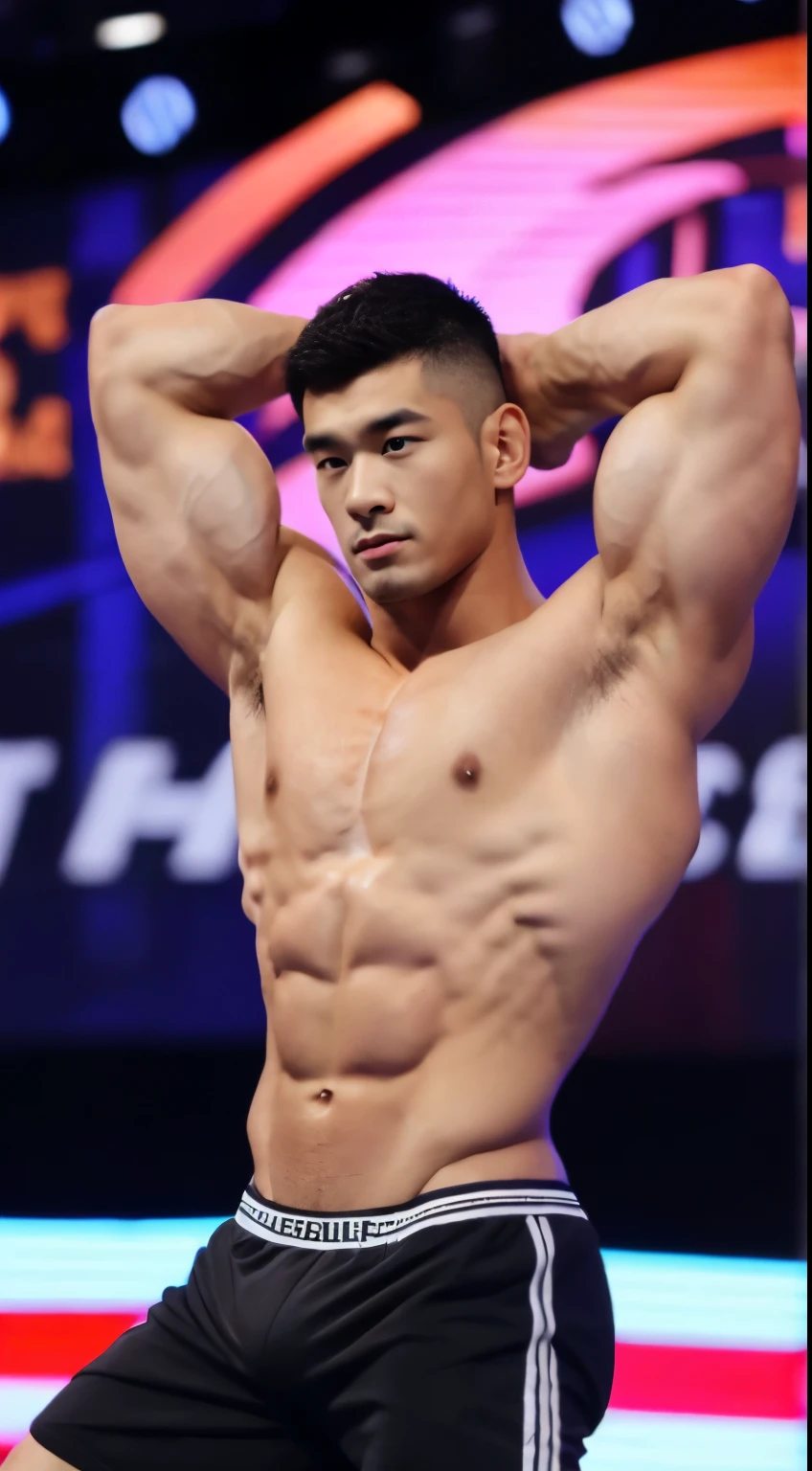 masterpiece, best quality, alone, korean man, gym background, Bodybuilders, muscular body, big muscles, natural eyes, big bump, Short hair details, Sexy guys, looking at the audience, Black small micro briefs, Men's Triangle, permanent