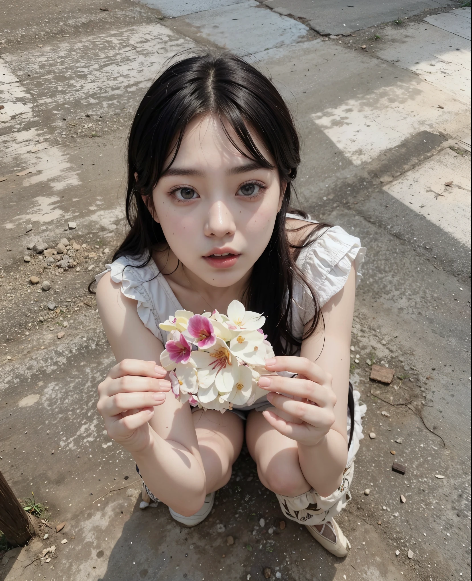 chica araffe sentada en el suelo sosteniendo un trozo de comida, ulzzang, jinyoung shin, Jaeyeon Nam, dilraba dilmurat, Lalisa Manobal, pale, snow-white skin, pale and light skin!!, por Ayami Kojima, kim taejin, lindocore, yanjun chengt, her face looks like an orchid