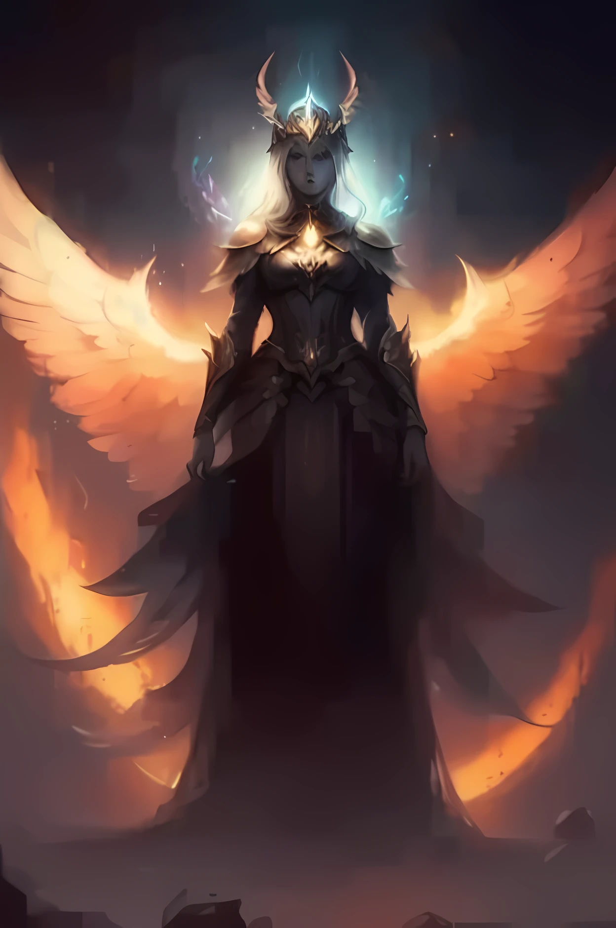 an image of a woman with wings and a halo, female lord of change, angelarium, archangel, the angel of death, villainess has black angel wings, the angel of death with a halo, large)}], seraphim, dark angel, diablo 4 queen, diablo 4 lilith, priestess, glowing angelic being, fantasy art behance