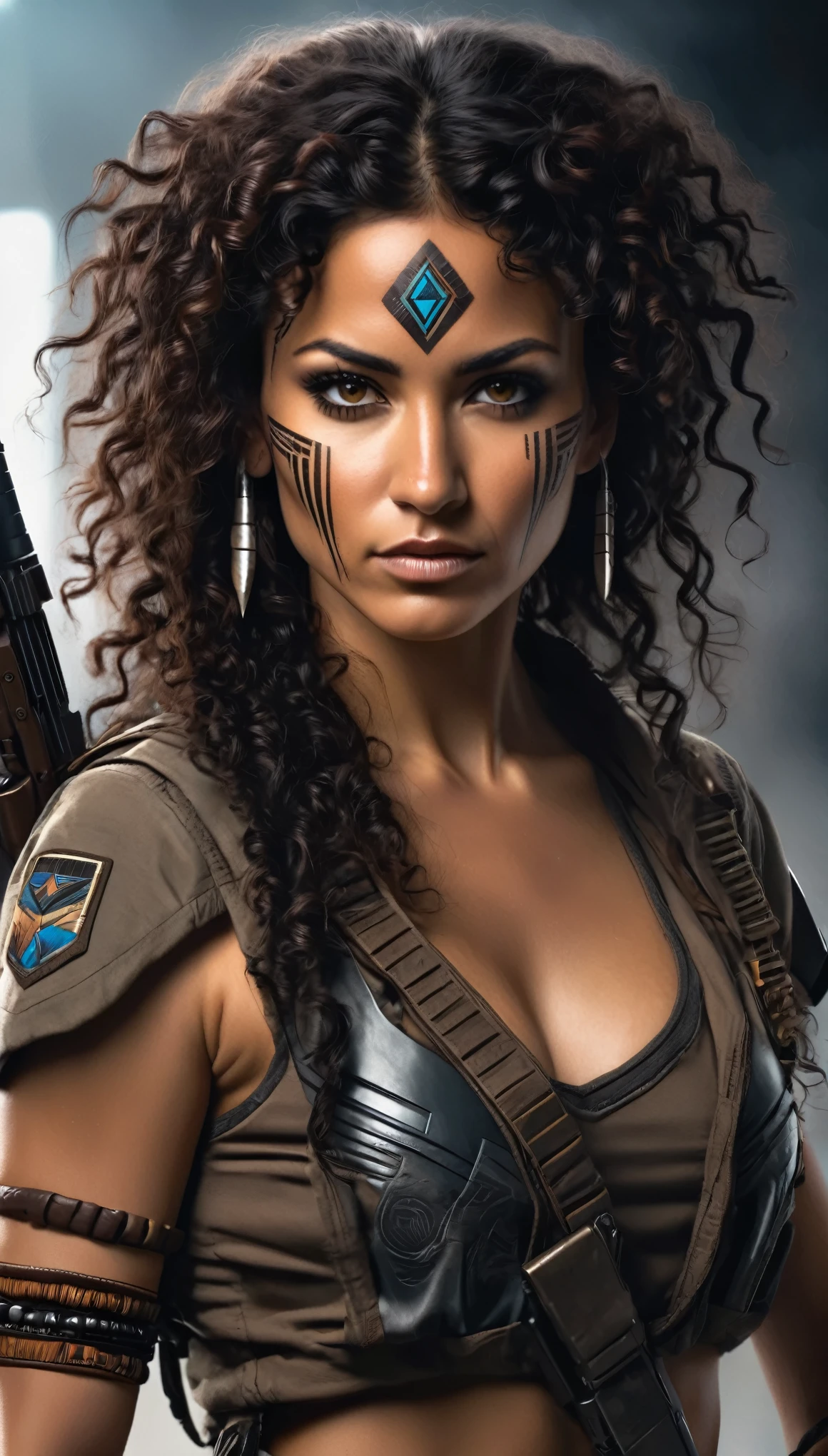 High Quality ultra realistic image of a woman. The woman is a mixture of native american and jewish. Strong features, fair skin. Dark brown curly hair, dark eyes. The woman is dressed in semi-futuristic combat attire. She has guns and knives strapped around her body. The beautiful woman has a smirk. Her eyes glare with hate.